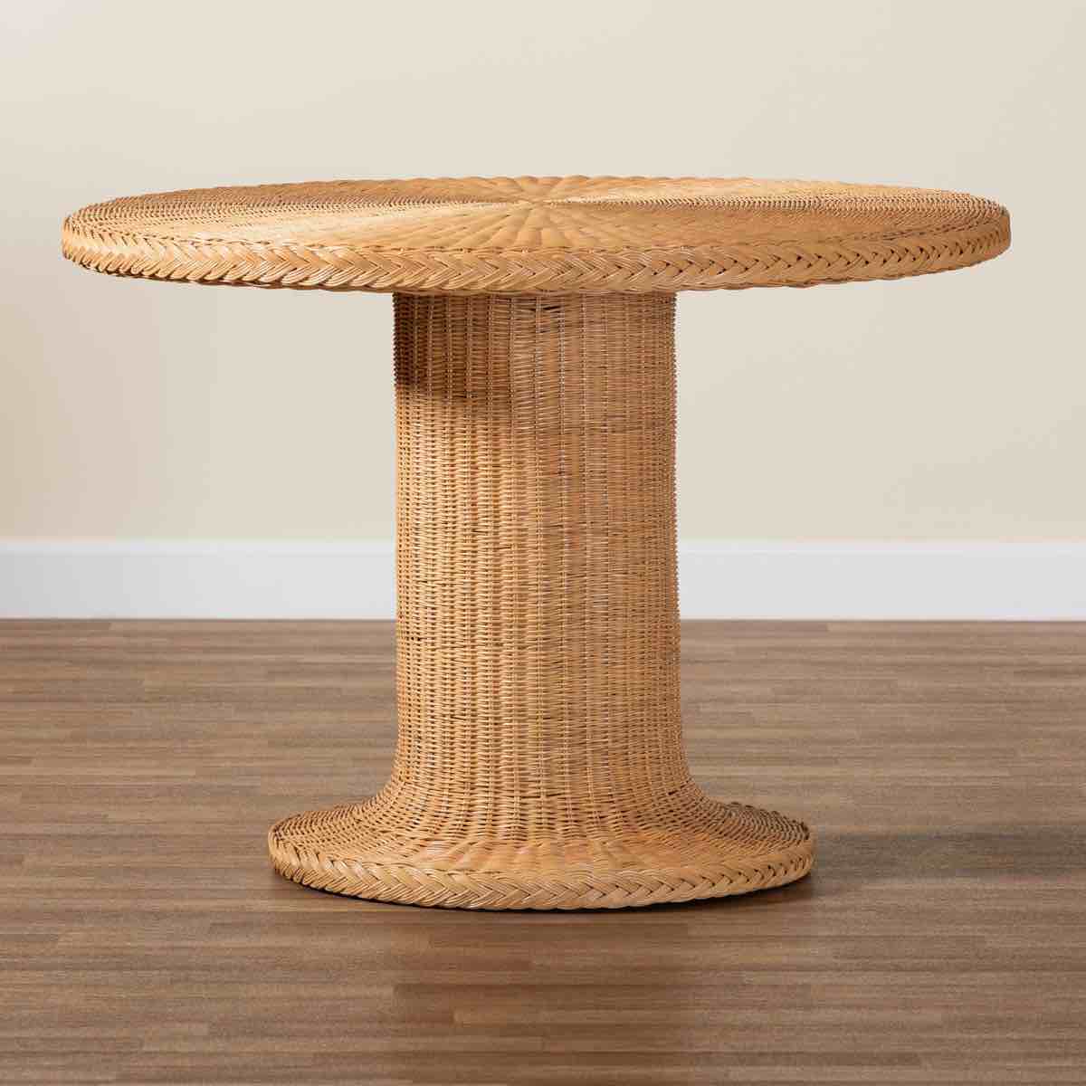 bali & pari farrow bohemian braided light honey rattan dining table, overall dimensions 29.5'' h x 42.1'' w x 42.1'' d