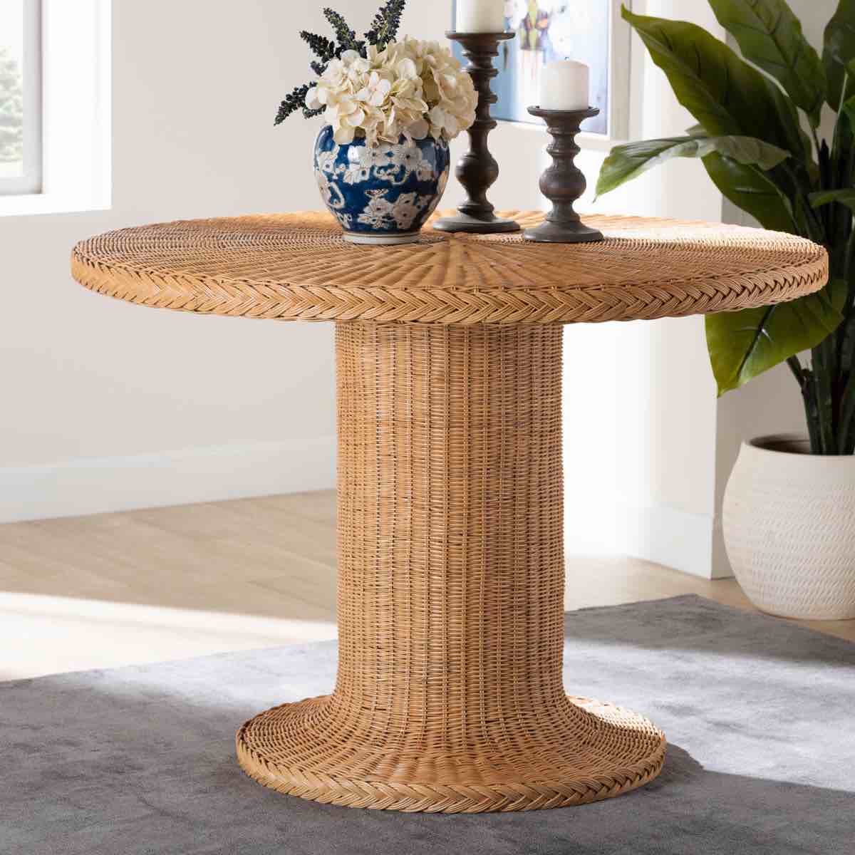 Condition photo showing New/Like New for bali & pari farrow bohemian braided light honey rattan dining table, overall dimensions 29.5'' h x 42.1'' w x 42.1'' d