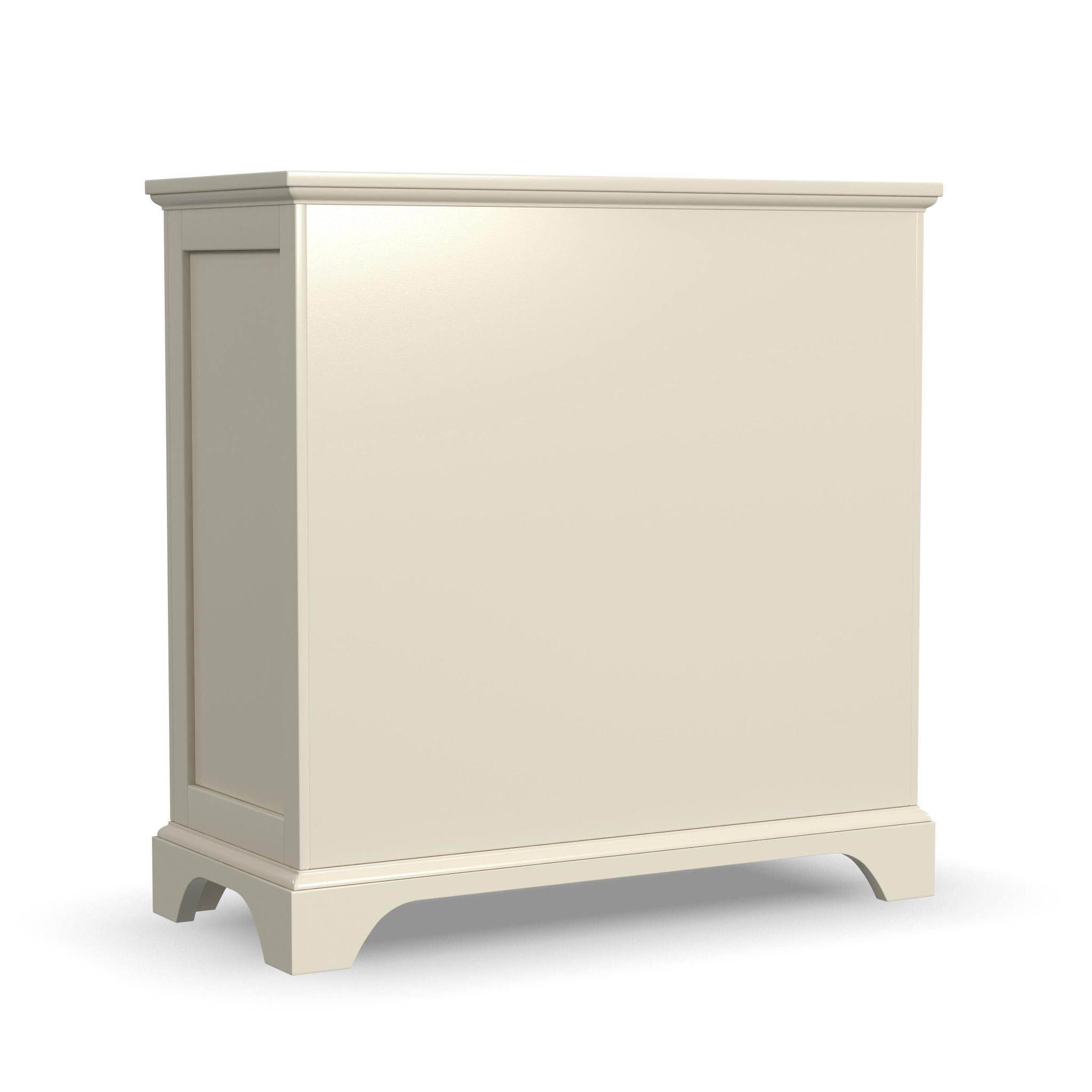 Condition photo showing New/Like New for naples chest in a off-white finish and brushed nickel hardware, 4 drawers with a felt lined top drawer, assembly required, overall dimensions 36h x 36w x 16.5l