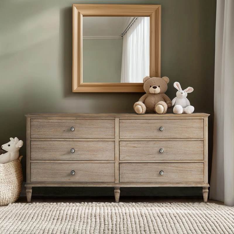 Condition photo showing New/Like New for victoria light natural rubberwood 6-drawer wood dresser with antique pewter florette knobs. 33'' h x 70'' w x 19'' d