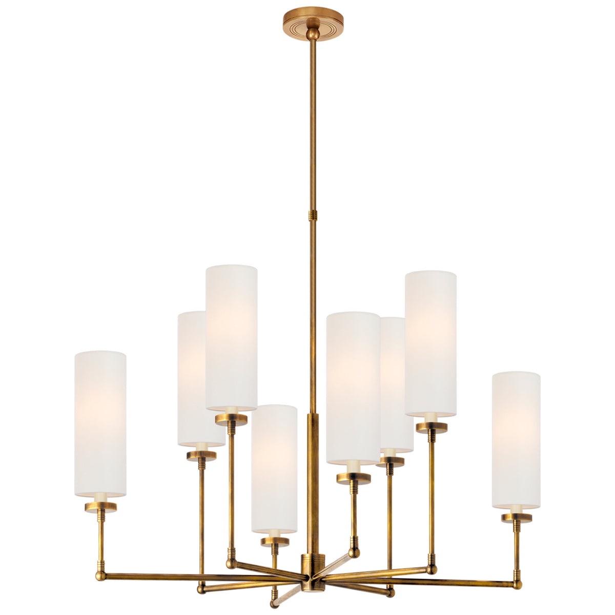 thomas o’brien ziyi 8 light 34" wide hand rubbed antique brass chandelier, requires (8) candelabra (e12) 25 watt bulbs (not included), capable of being dimmed, missing its extension rod, one can be purchased on wayfair(pictured) 