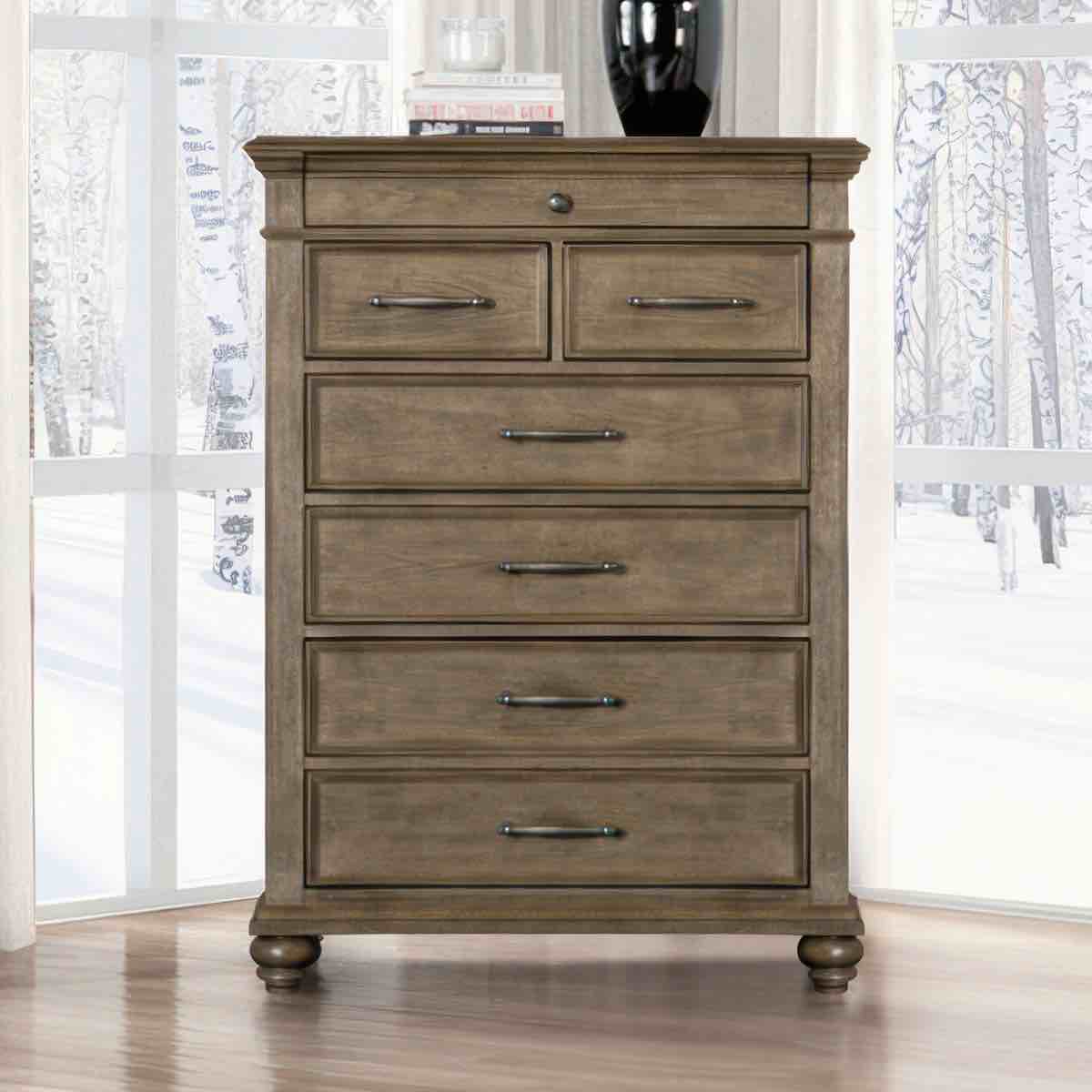 Baillons 7-Drawer Chest With Antique Silver Handles, Each Drawer Equipped With Smooth Ball Bearing Glides, Overall Dimensions 51.5'' H X 38'' W X 18'' D, Top Right Corner Has Some Small Wood Chipping And Slight Separation(Pictured) Does Not Affect The Use Of The Dresser, 1” Circular Puncture In Back Of Dresser(Pictured, Does Not Go All The Way Through), Small Paint Blemish On Back Top Right Corner(Pictured), Wood Chip On Bottom Back Side(Pictured) Small Indent/Puncture Back Top Right Corner(Pictured) 