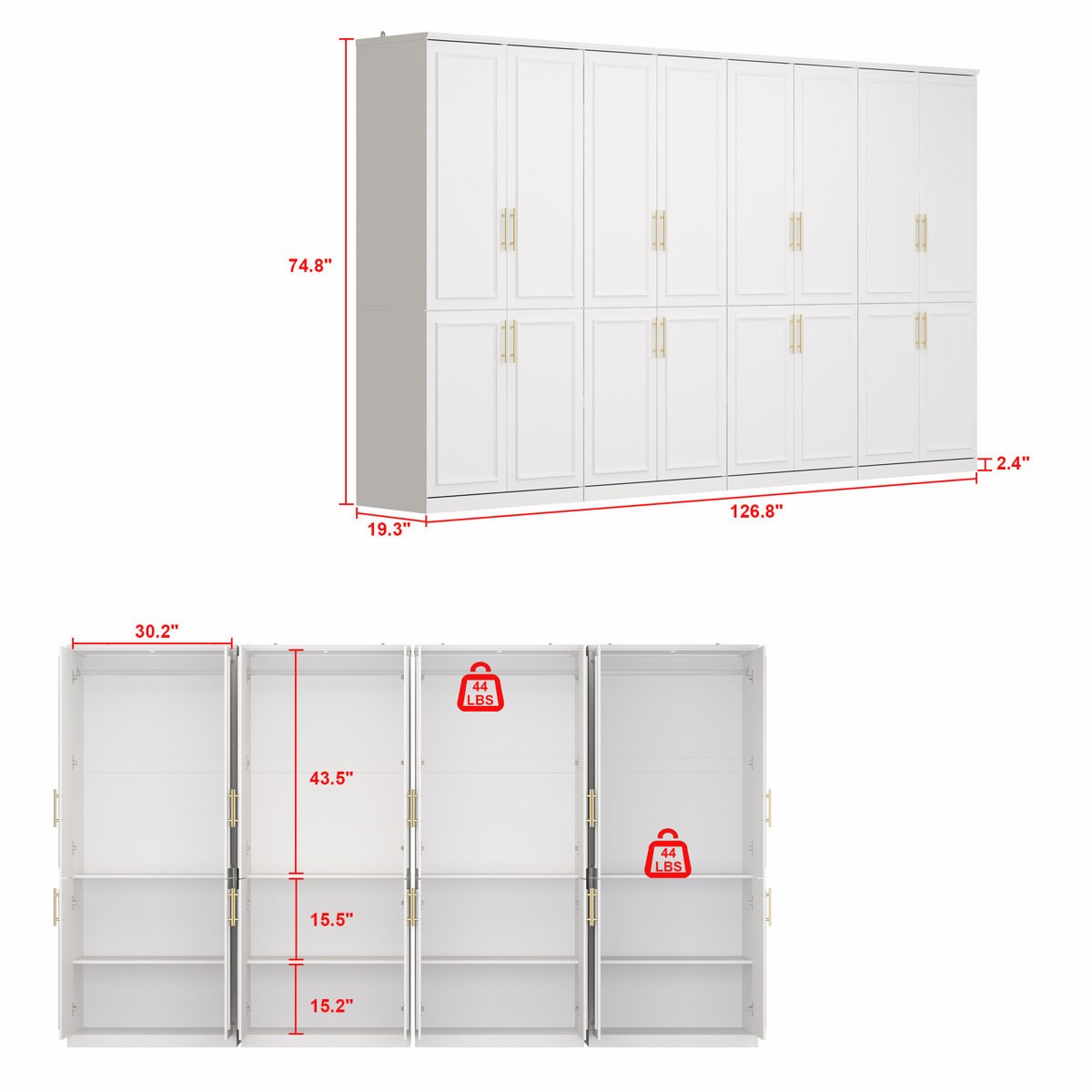 Condition photo showing New/Like New for white milen armoire, multiple interior shelves, 4 integrated clothing rods, 16 hinged doors, overall dimensions 74.8'' h x 126.8'' w x 19.3'' d, 2 boxes total, small markings on the inside of a back wall piece(pictured, will not be visible when assembled) 