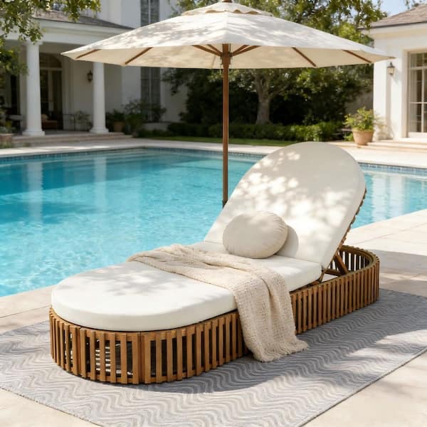Teak Finish Solid Acacia Wood Outdoor Chaise Lounge. Cushions sold separately, minor cosmetic mark on piece, is considered brand new. Assembled Depth (in.) 80.8 in Assembled Height (in.) 30.4 in Assembled Width (in.) 29 in. Set of 2