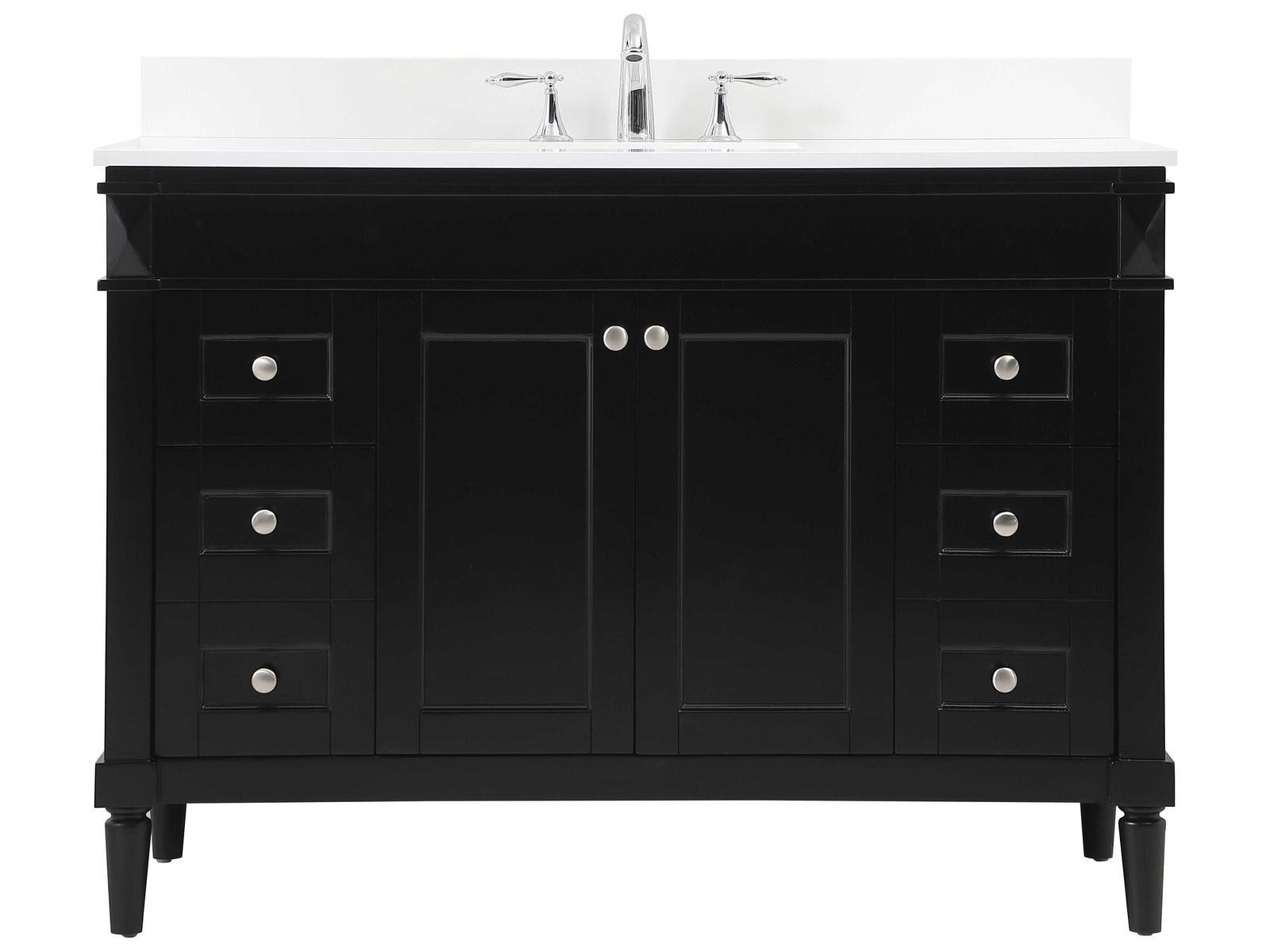 Elegant Lighting Black 48 inch Single Bathroom Vanity with 4 Drawers, Single Shelf Cabinet, and White Quartz Sink Top, Brushed Nickel Knobs. Backsplash sold separately.