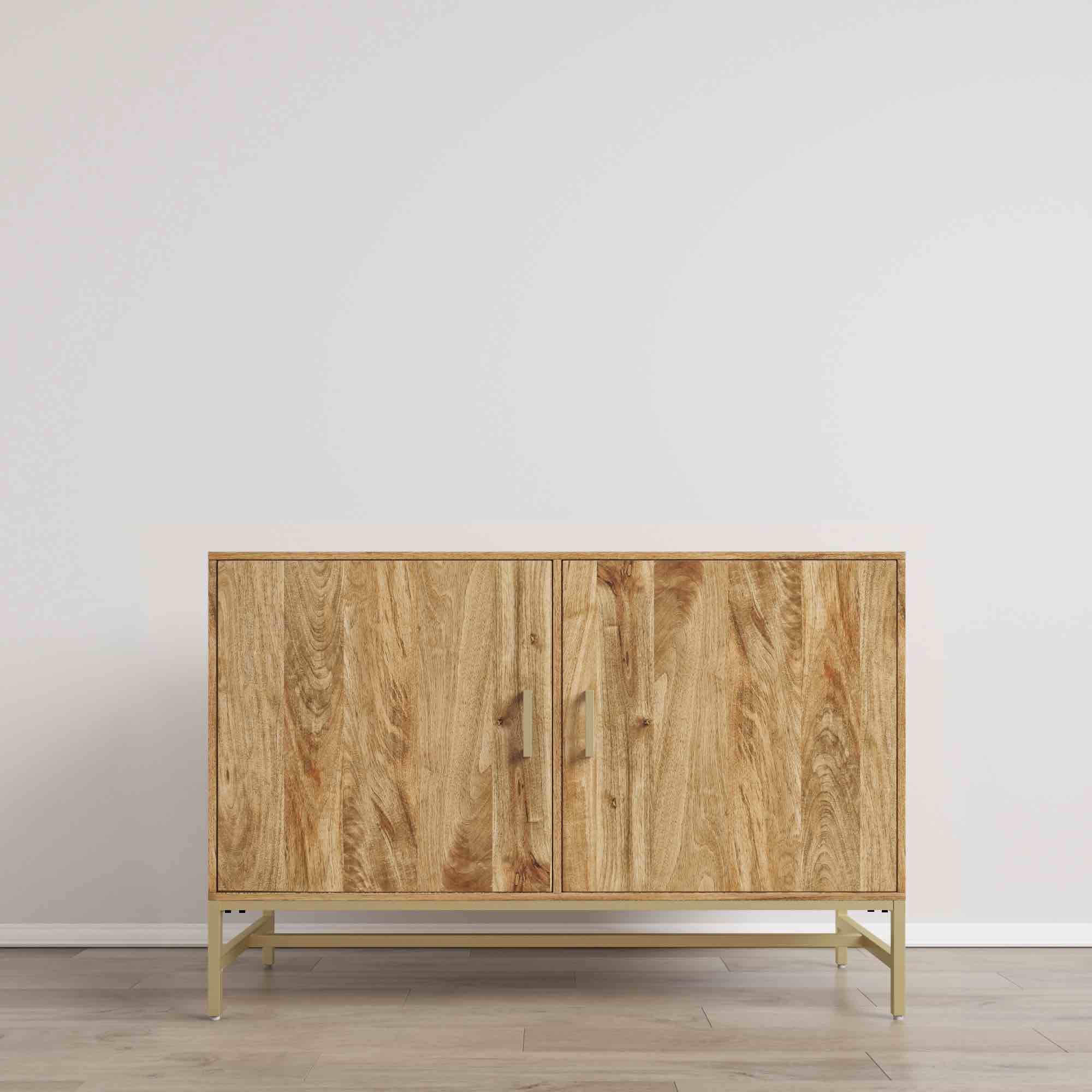Dottie Natural Mango Wood 2 Door Sideboard with Gold Metal Leg Base and Handles, 40 W x 16 D x 24 H