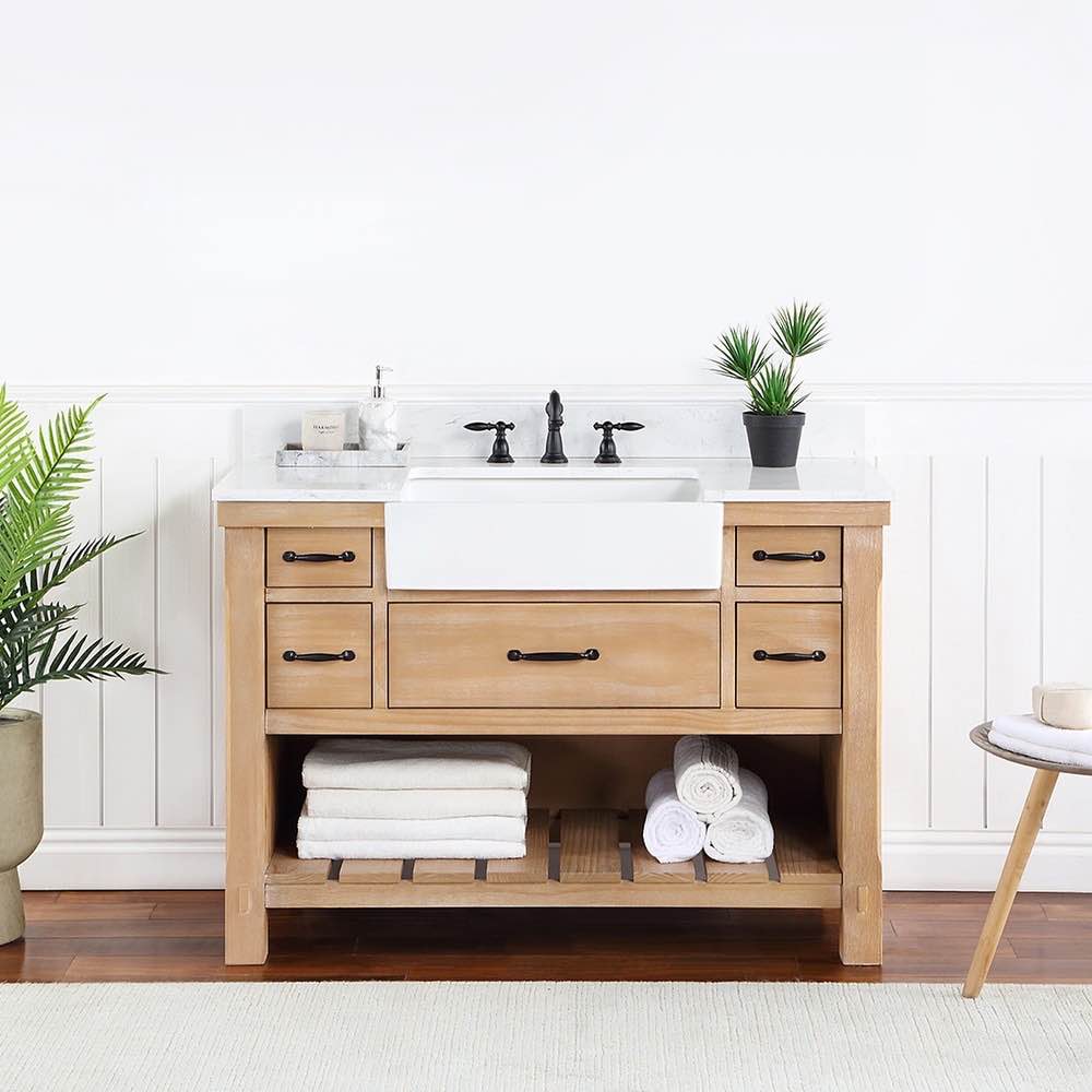 Villareal Weathered Pine Single Undermounted Sink Bath Vanity with 5 Drawers, and Matte Black Metal Handles and Open Base Shelf, Basket is Included. Top is not included. Left inner corner of drawer unleveled, otherwise beautiful condition. 47.5” W x 21.5” D x 35” H