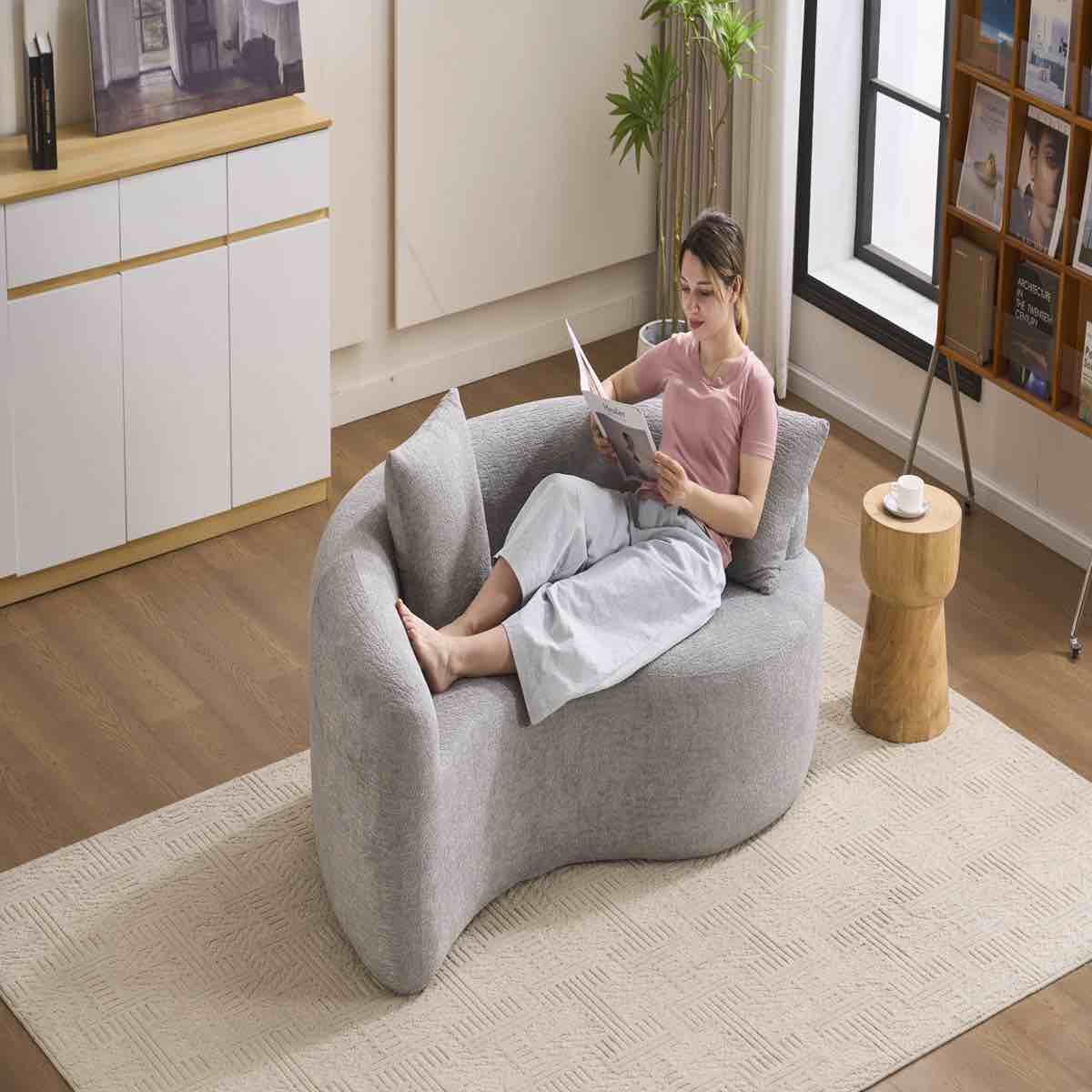 S-Curved Dual-Depth Loveseat, Full Compression Sponge Sofa In Light Gray Chenille Upholstery With 2 Throw Pillows, Modular Design For Small Spaces, 300lb Capacity, Overall Dimensions 25.6'' H X 67'' W X 40.1'' D, 