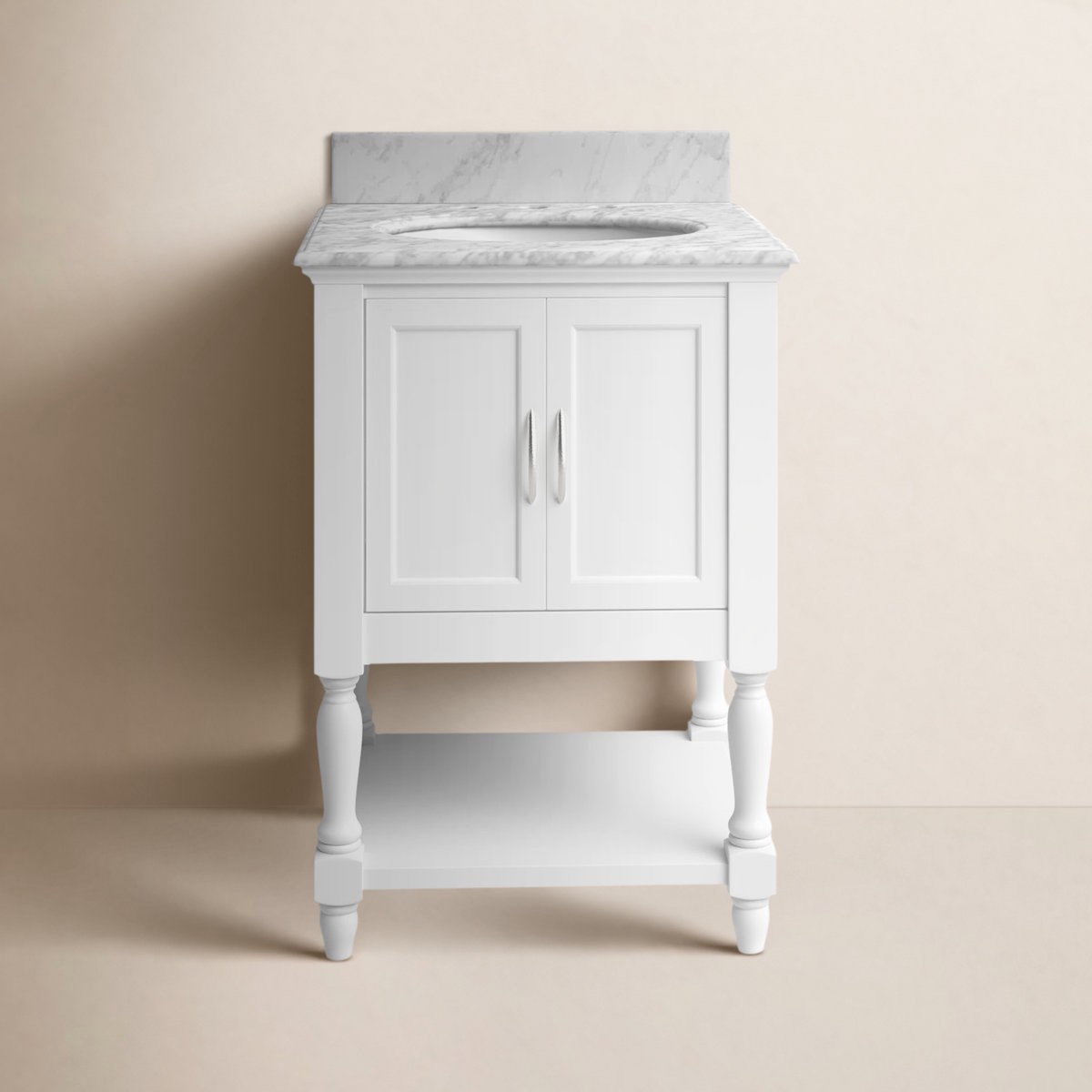 Hampton 24'' Single Bathroom White Vanity with Carrara Marble Top And Hardware In A Nickel Finish, Backsplash & Wicker Basket Included, Overall Dimensions 35'' H X 24'' W X 22'' D