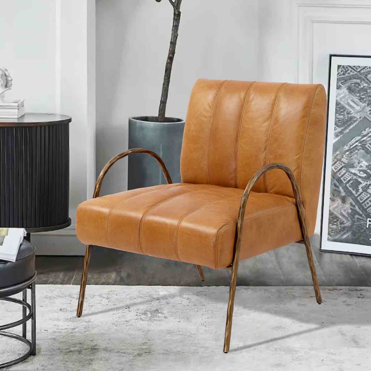 Zailah 27.5'' Wide Antique Orange Genuine Leather Accent Chair With Bronze Legs, 