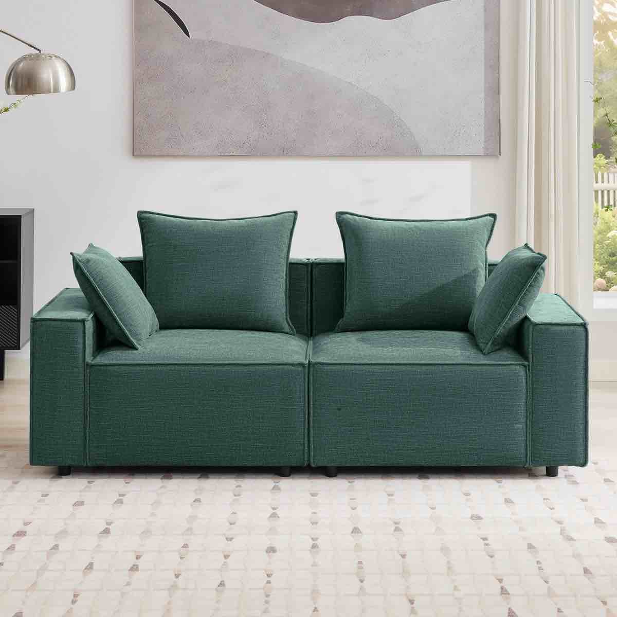 Green 85" Upholstered Square Armrest Sofa Sponge Foam 2 Seater Couch, Overall Dimensions 33.8'' H X 85.4'' W X 33.1'' D, Couch Comes Compressed In 2 Boxes