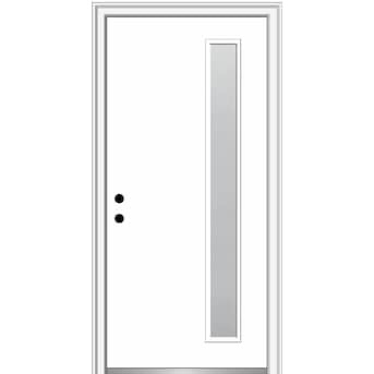MMI DOOR Spotlights 32” x 80” x  4-9/16-in Fiberglass, Right-hand inswing, Brilliant White Painted Prehung Residential Insulating Core Front Door, Overall Unit Dimensions 33.5-in x 81.75-in, Frosted Glass Is Double Paned, Temepered And Insulated