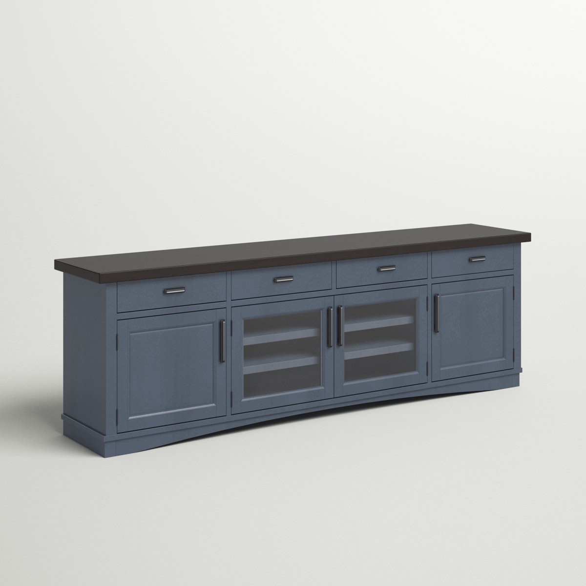 92” Denim And Sable Wood Bankhead TV Stand for TVs up to 88", Power Outlet Inside Bottom Right Door, Custom-Painted Finish With Contrasting Wood Tops, Adjustable Wood Shelves, Overall Dimensions 92'' W X 18'' D X 30'' H, BUY AND REPAIR PIECE, 2 Drawer Fronts Are Damaged, Drawers Do Pull Out(Pictured), Wood Top Has Some Scuffs And Scrapes On Edges And Corners(Pictured), Front Of Console Had Some Paint Chipping(Pictured), One Glass Door Handle Slightly Bent(Pictured) 