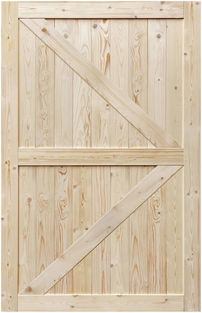 72in. x 84in. K-Frame, Light Brown Pine Wood Unfinished Primed Assembly Required Sliding Barn Door with Hardware Kit. Minor chip in one plank, otherwise pristine condition. Instructions can be found online through google. 