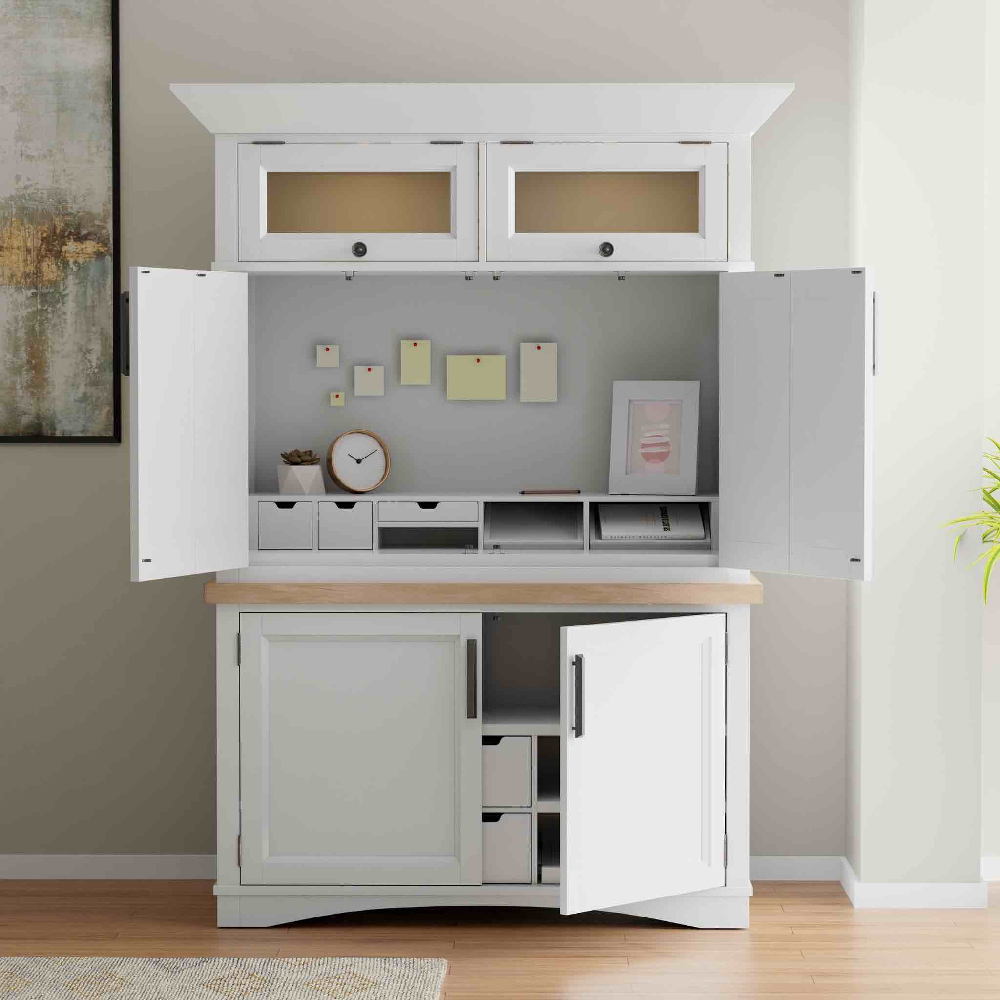 Parker House Furniture Americana Modern Cotton White Wooden Work Station Cabinet with Iron Handles and Multiple Storage Compartments. Cabinet only, can be stand alone or with crown and cabinet purchased through Coleman or Home Living Furniture. 54.0W x 45.0H x 22.5D