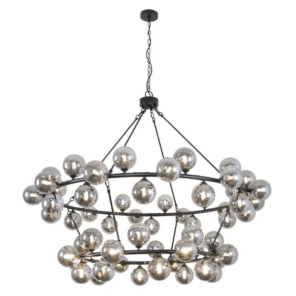 Condition photo showing New/Like New for 2-tier wagon wheel cluster clear glass bubble chandelier with black metal frame. 59 w x 43 h with 63 adjustable chain.