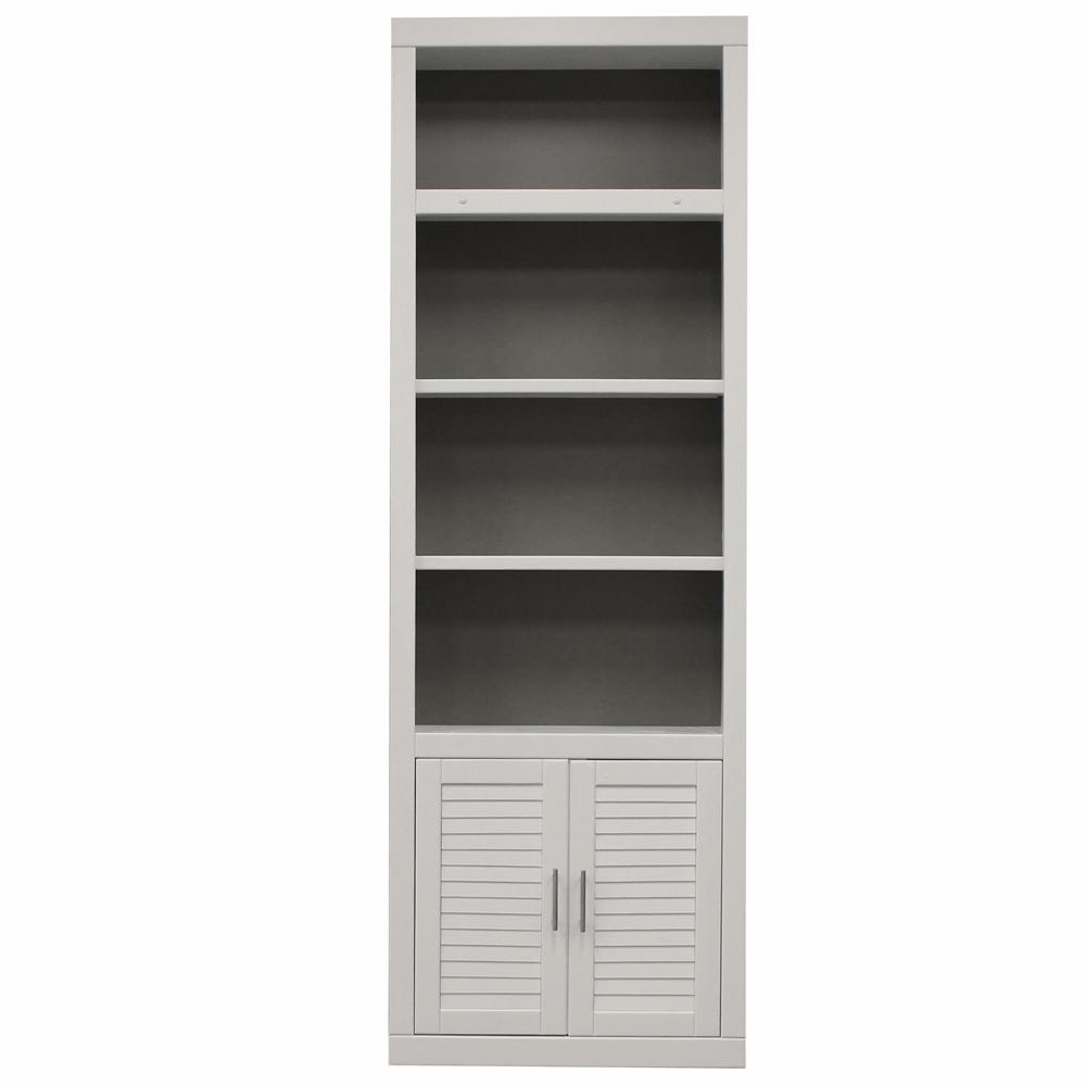 Condition photo showing New/Like New for two parker house catalina collection bookcases (32 w & 22 w) with a rolling ladder in a cottage white finish, 3 boxes total