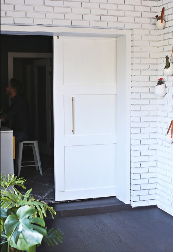 31 x 78 White 3 Panel Sliding Barn Door with Gold Brushed Hardware and Full Length Mirrored Back