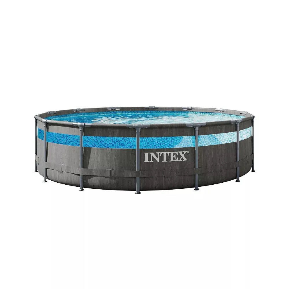 Intex 14' x 42" Clearview Prism Frame Above Ground Pool with Filter Pump, Removable Ladder, Pool Cover, and Ground Cloth  - Graywood Print