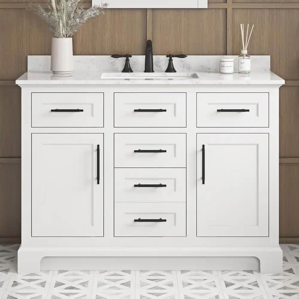 Doveton White 48 in. Single Sink Bathroom Vanity with 2 Single Shelf Cabinets, 5 Drawers, Matte Black Metal Handles, and Stone Top Painted Marble. Product Depth (in.) 19.00 in Product Height (in.) 34.50 in Product Width (in.) 48 in