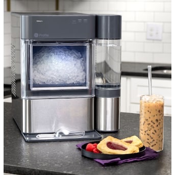 Stainless Steel GE Profile Opal 38-lb Ice Per day Nugget Ice Maker, small scratches and scuffs across stainless steel finish (pictured), 17.5 x 22.75 x 13.43 inches