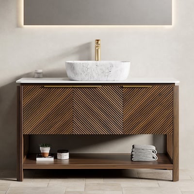 Dark Walnut Dexmalle 48-in Freestanding Single Sink Bathroom Vanity with Sintered Stone Top, Sink bowl sold separately, dime sized chip in each back leg (easy fix with putty and furniture marker), 48 x 19.69 x 30