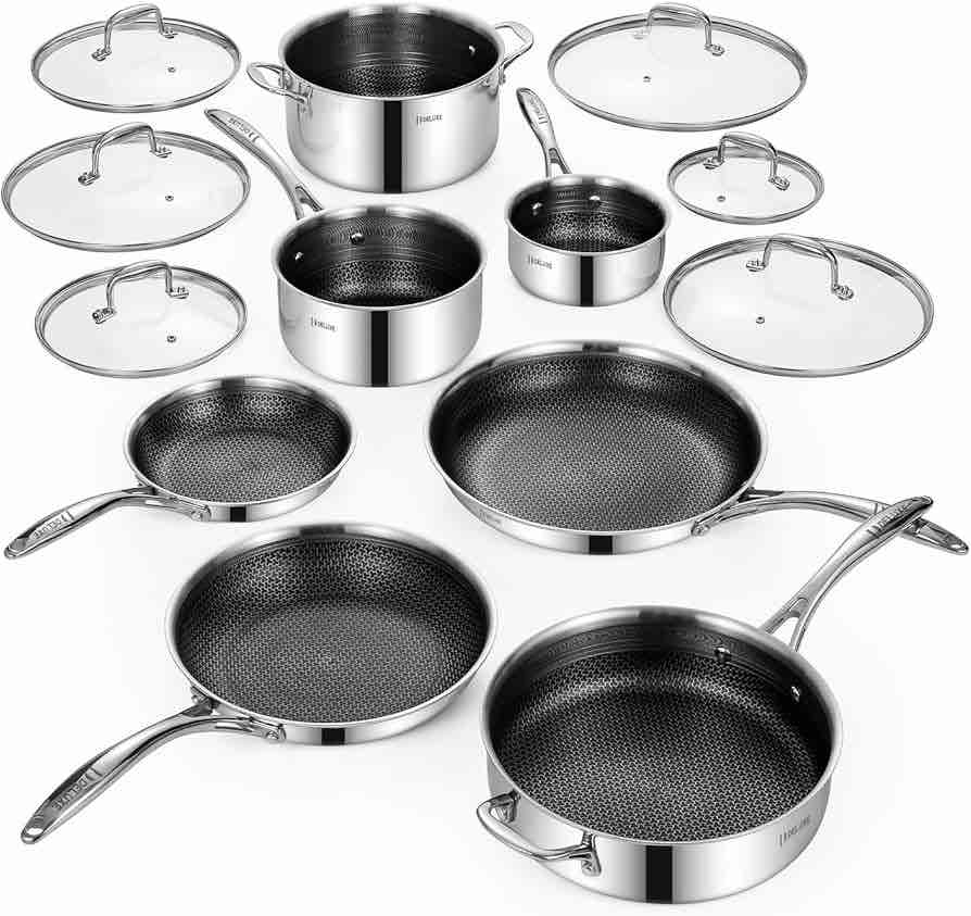 Deluxe 13 Piece Hybrid Ceramic Nonstick Stainless Steel Cookware Set-5 Piece Frying Pan Set, 6 PC Pot Set, 3.7QT Deep Sauté Pan&Lid, Induction Ready