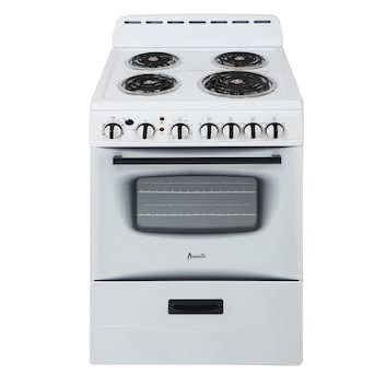White Avanti 24-in 4 burners 2.6-cu ft Freestanding Electric Range, small scratch in cosmetic finish on top (pictured) H40.75 x W23.5 x D25