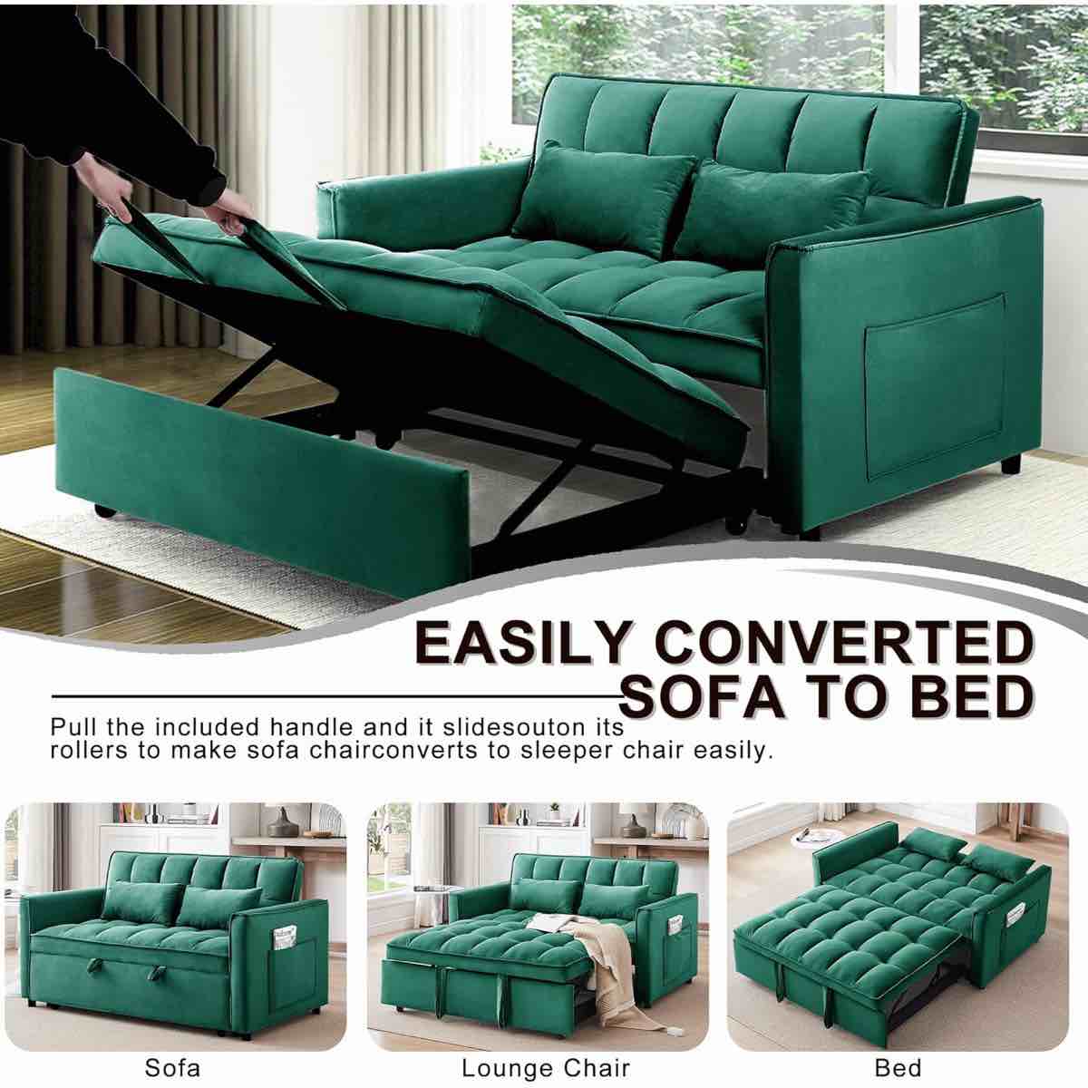 Green 3 in 1 Convertible Sleeper Sofa Bed, Modern Pull Out Couch Bed, Adjustable Backrest, Loveseat Futon Sofa with Pillows & Pockets for Living Room Apartment, Frame cracked but can be repaired (pictured), 31.1 x 63 x 52.75