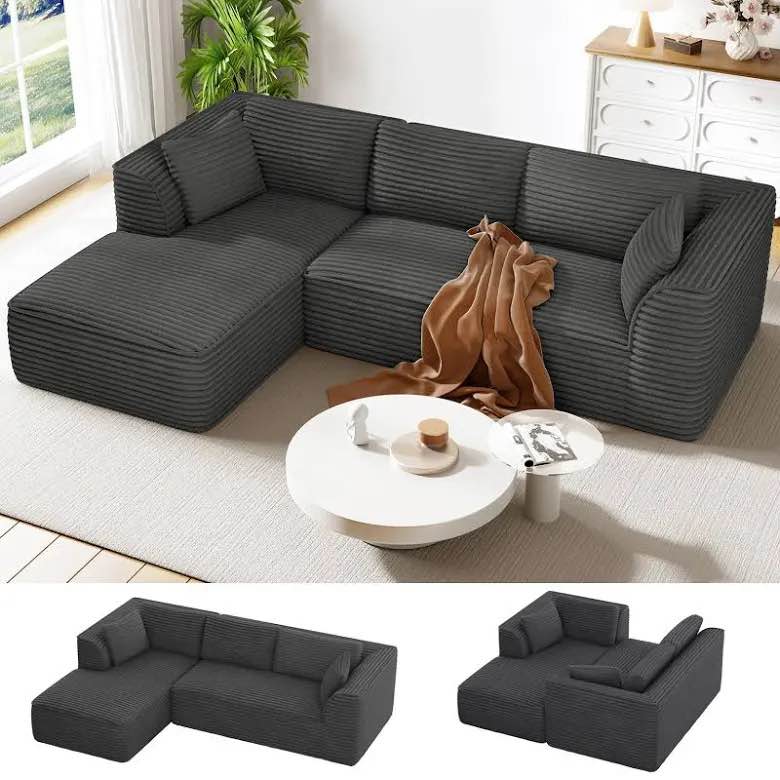 Vesgantti 106" No Assembly 3 Seat Soft Grey Corduroy Sofa-in-a-box Couch with Chaise, Deep Seat Comfy Cloud Cushioning. 68.5"D x 106"W x 25.6"H