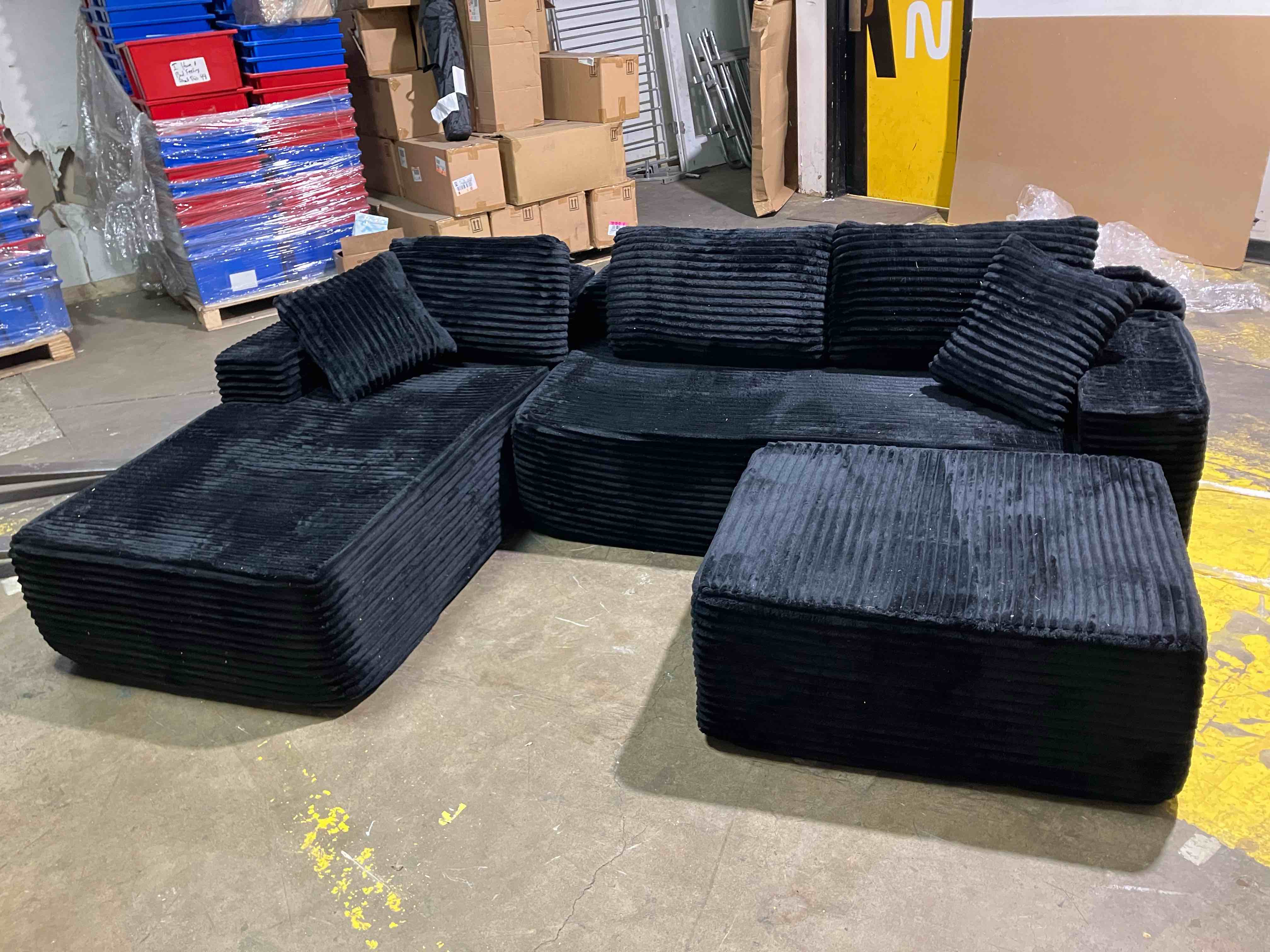 Condition photo showing New/Like New for Modular Sectional Sofa Cloud Sectional Couch, 107" Comfy Fluffy U Shaped Black Couches for Living Room, Deep Seat Memory Foam Plush Corduroy Boneless Couch Sectionals with Left Facing Chaise Sofa
