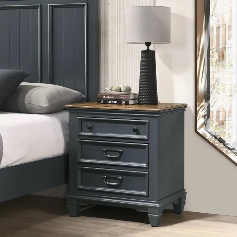 Semaj Solid Wood Distressed 2 Tone Nightstands in Slate Blue and Honey Oak, with 3 Drawers, Iron Handles and Knobs. Set of 2. 28.3'' H X 26.3'' W X 17.4'' D