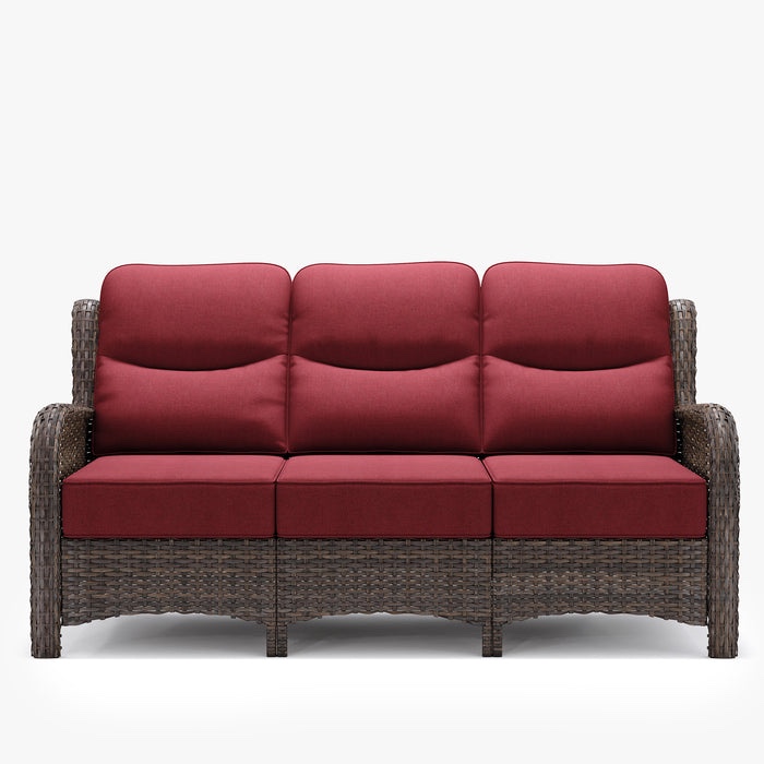 Hawthorne Patio Rattan 3 Seater Sofa With High Back Design & 6-Inch Cushions. (Image with detentions shows size but ours is red/maroon)