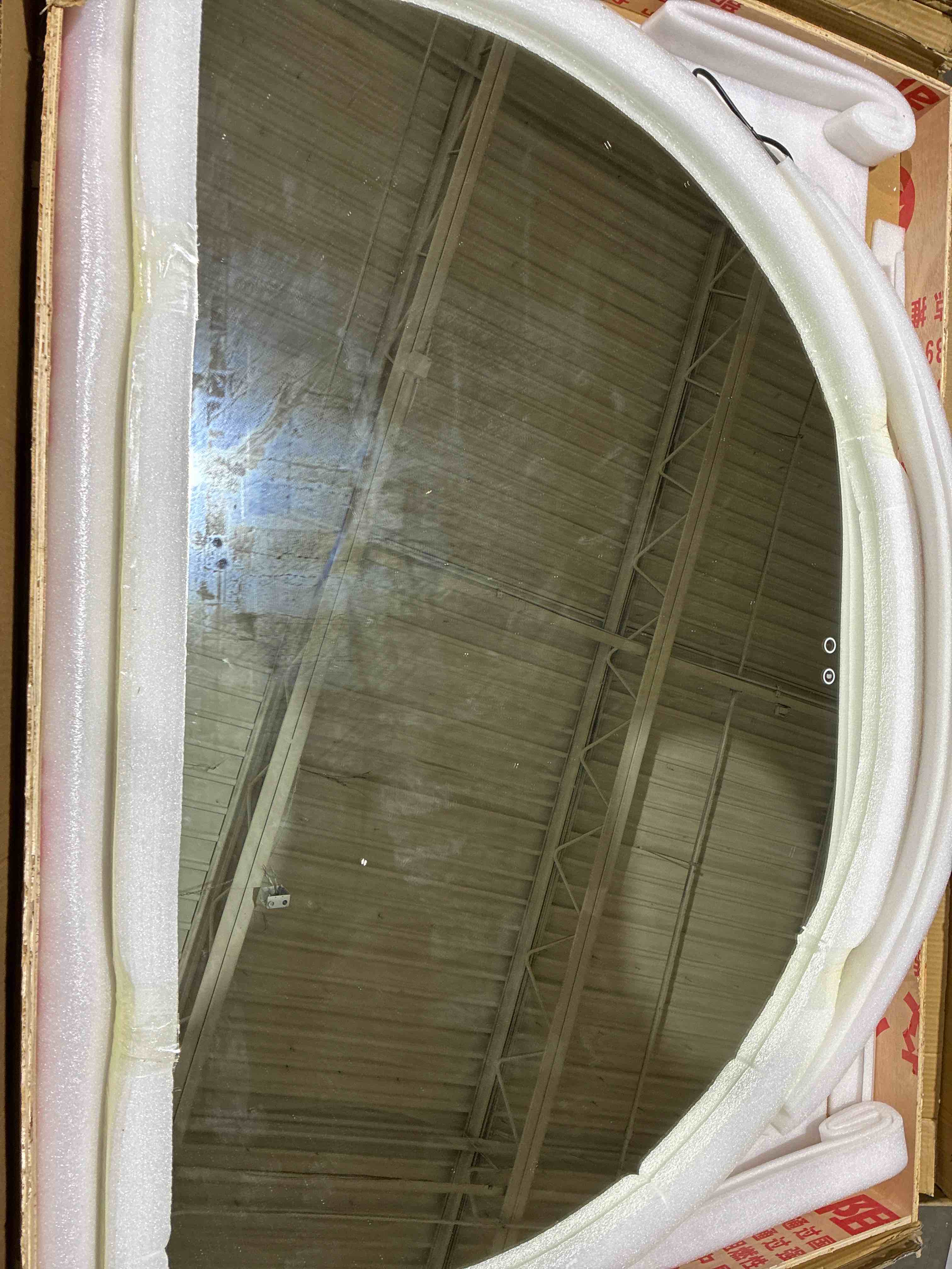 Condition photo showing New/Like New for ZYBOWAYL 47" Large Half Circle Bathroom Mirror with Dimmable Illuminated, Defogger, 43" Wall Mounted 3 Color Led Mirror, 39" Half Moon Backlit Full Length Mirror for Bedroom Living Room(Right cut,47"/