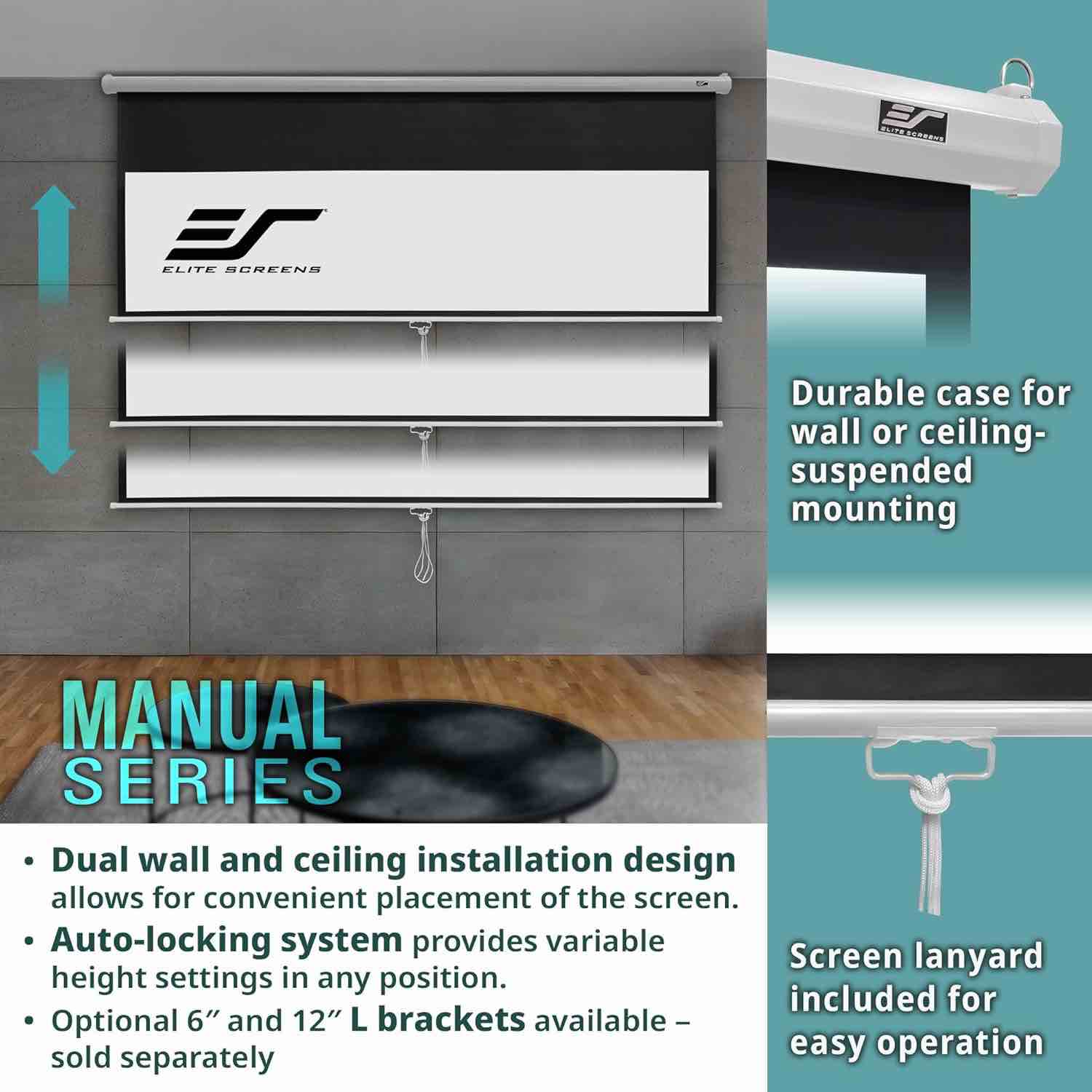 Condition photo showing New/Like New for manual projector screen by elite screens, auto lock, movie home theater 8k / 4k ultra hd 3d ready 110 w x 59.1 h