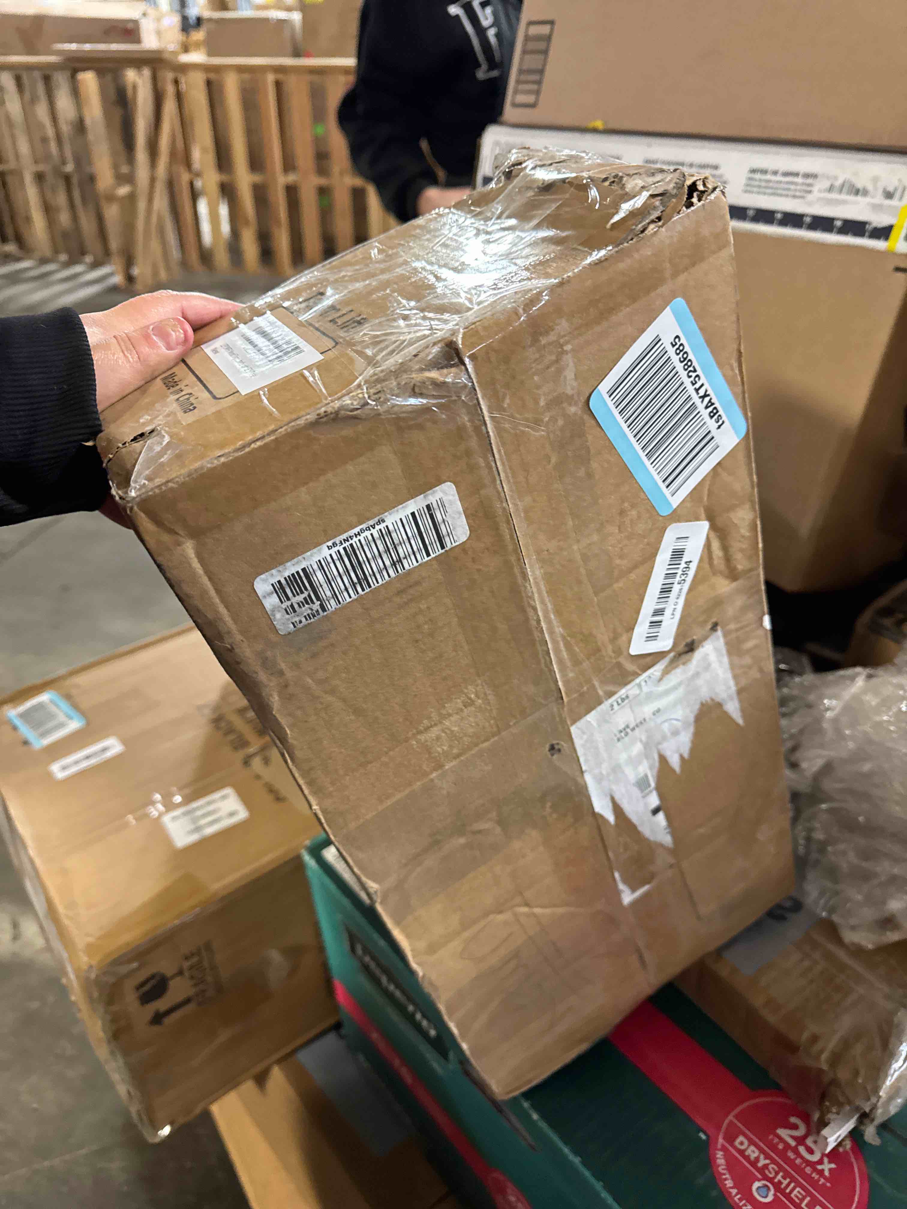 Condition photo showing Good Condition for LEPOWER Wood Tripod Floor Lamp, Mid Century Standing Lamp, Modern Design Studying Light for Living Room, Bedroom, Study Room and Office, Flaxen Linen Shade with E26 Base Brown Brown Tripod Holder