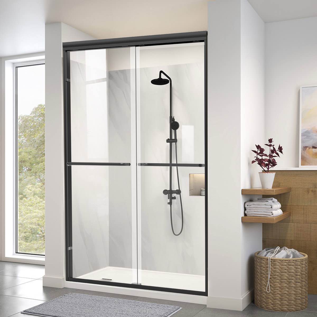 60" w x 72" h double sliding framed shower door with nano-coating, tempered glass, aluminum matte black hardware. 