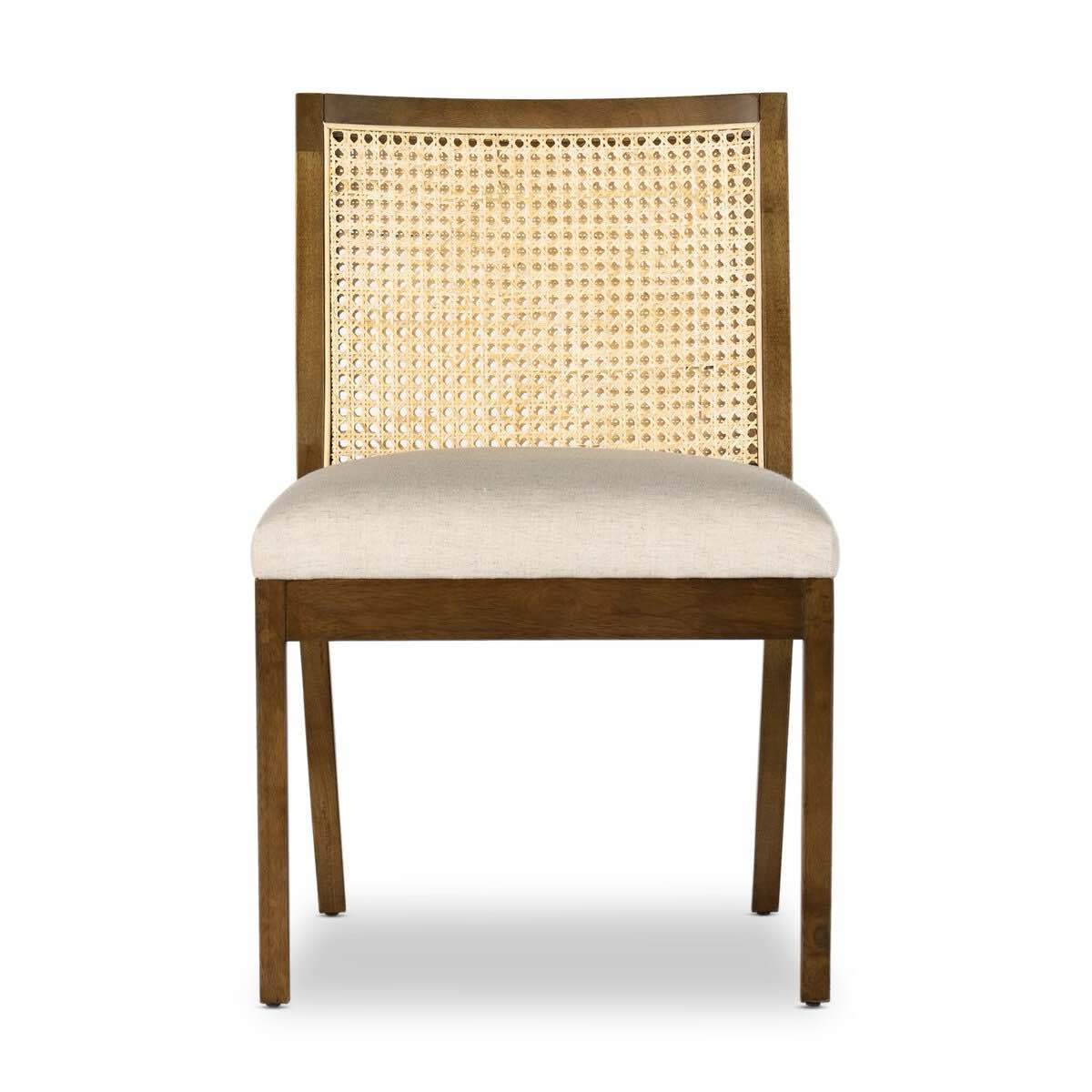 antonia cane armless dining chair with cane woven backing and toasted nettlewood frame with sand beige linen cushioning, set of 2. 22.25"w x 23.50"d x 33.00"h