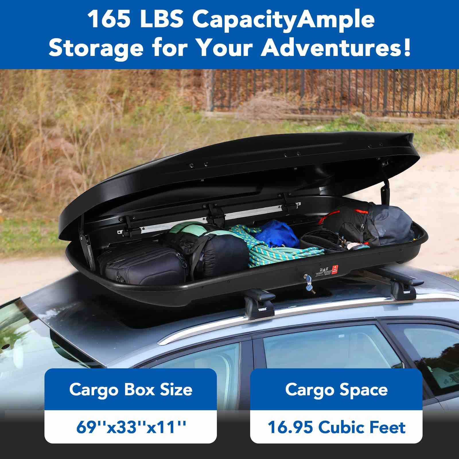 garvee 69 inch rooftop cargo box carrier 17 cubic ft hard shell waterproof storage dual side opening black, scratches and scuff in multiple places (pictured), only has one key, key is stuck in lock (can be carefully removed with effort)