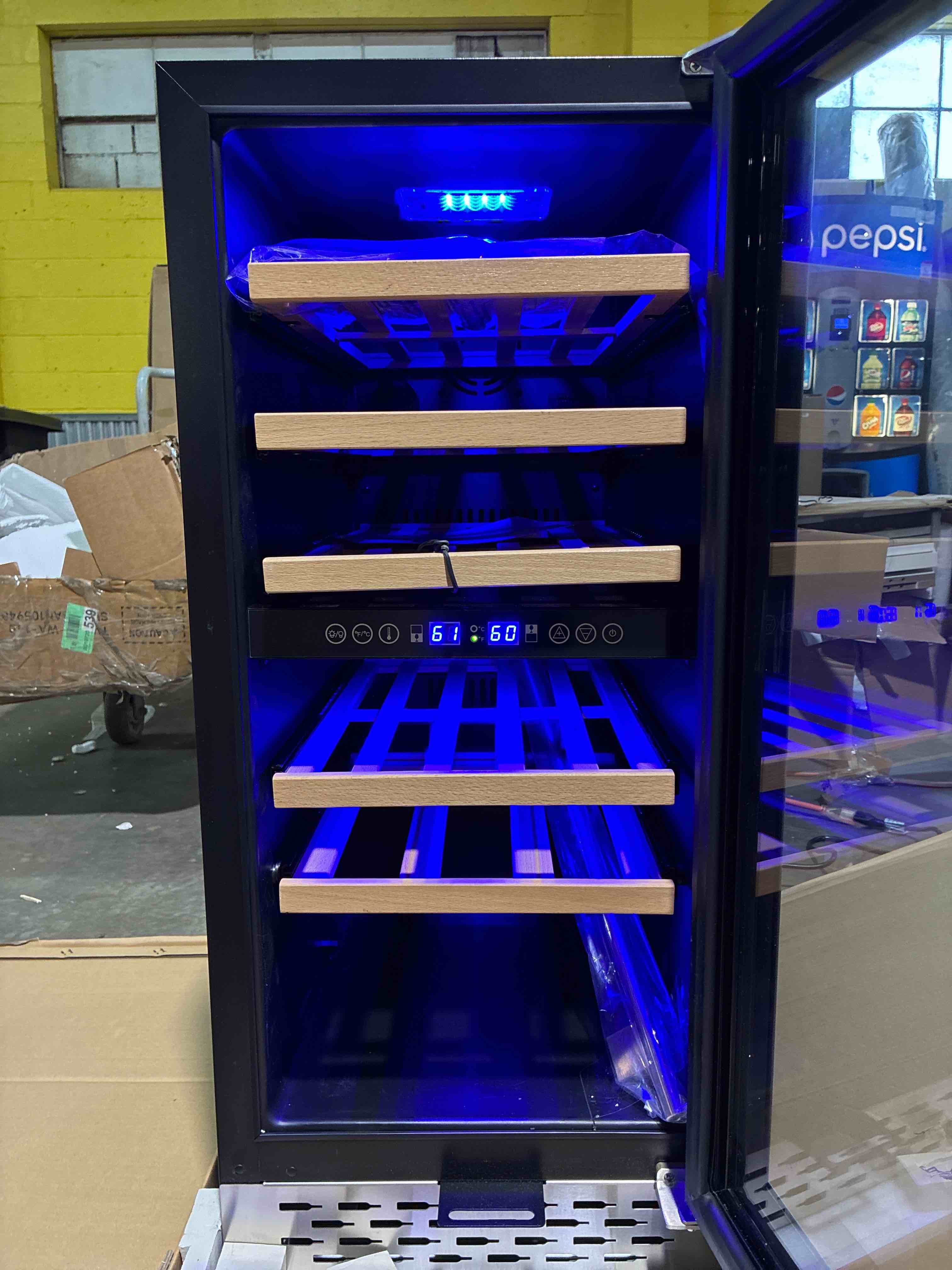 Condition photo showing New/Like New for AAOBOSI 15 inch Dual Zone Wine Refrigerator for 30 Bottles, 5 Tier Bamboo Shelving, Manual Temp Control.