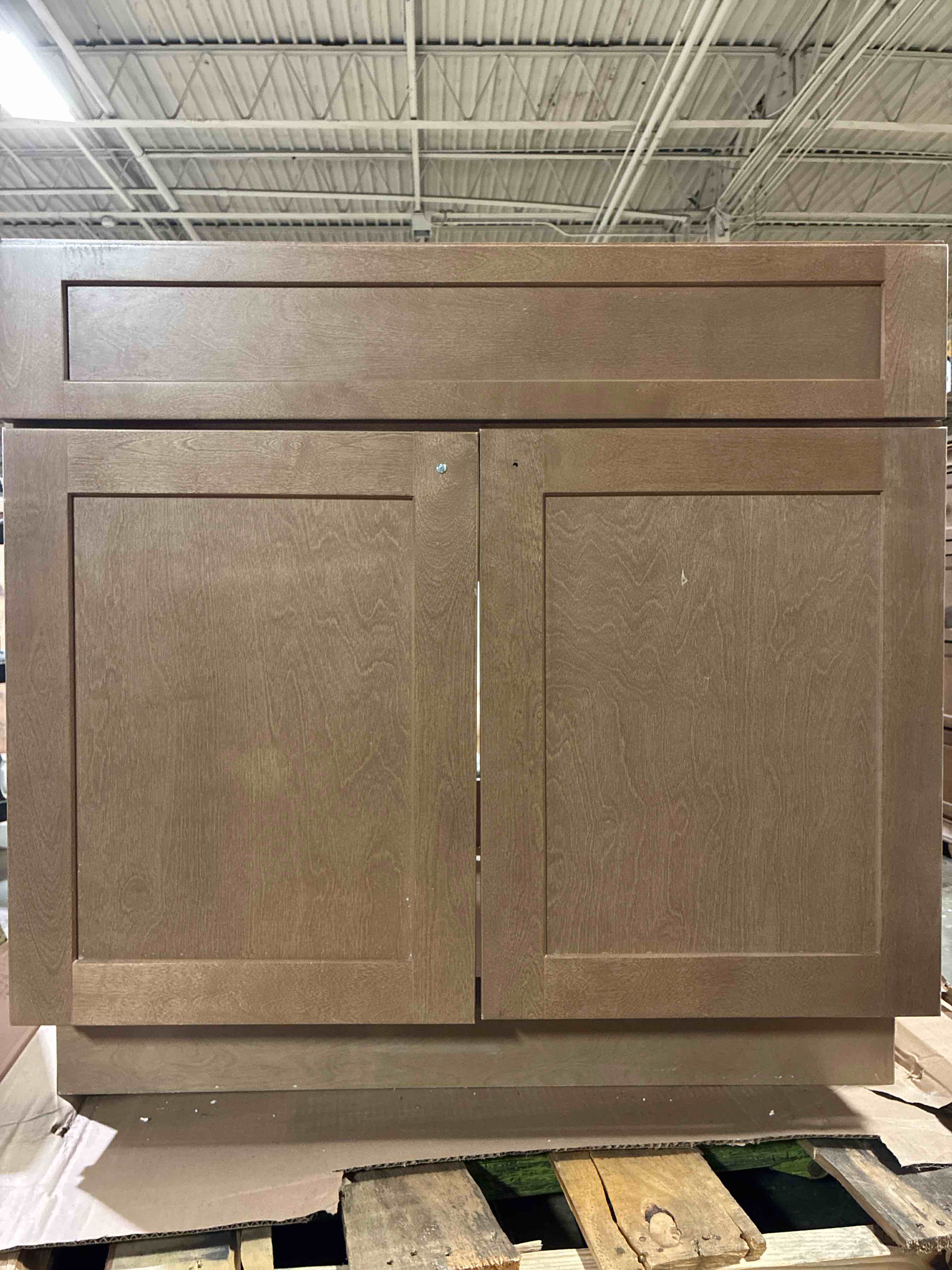 Condition photo showing Good Condition for Diamond Express Jamestown Sahara Brown Sink Base, Recessed Panels, Open Space Cabinet. 35.5” W x 22” D x 34” H 