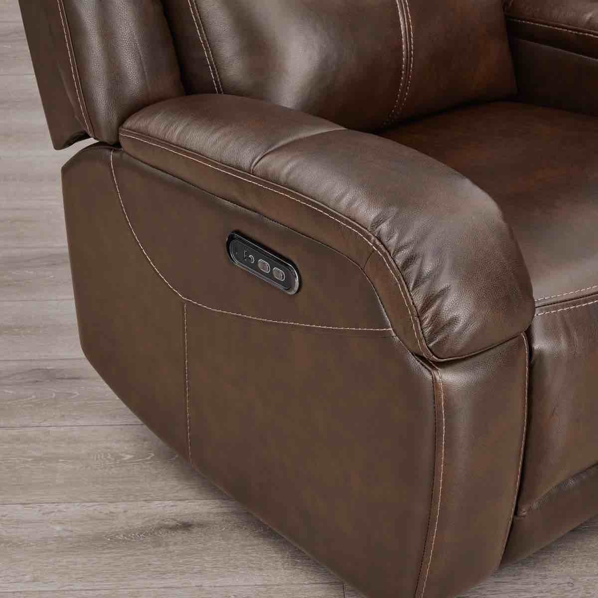 Condition photo showing New/Like New for Auberon Dark Brown Genuine Leather Wall Hugger RV Power Recliner Chair with Adjustable Headrest and Charging Port (Item is Like New, There Are Some Minor Fabric Flaws On The Leather, Mainly Seat & Arm)