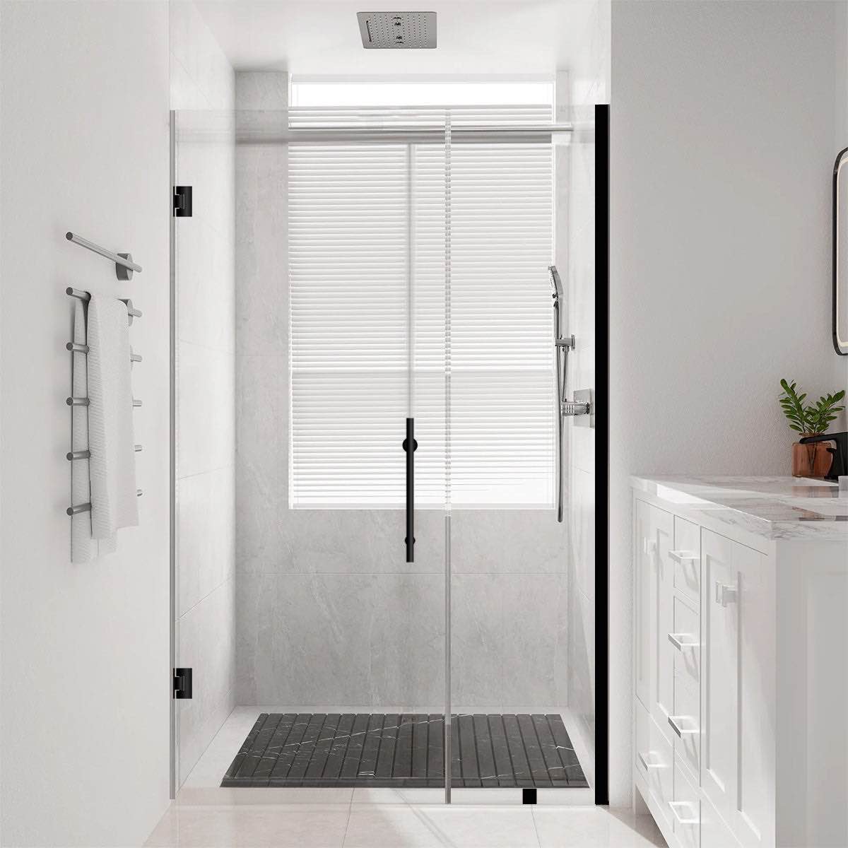 Frameless Pivot Glass Shower Door 60" W × 72" H, Pivot Swing with 1/4" SGCC Tempered Glass, Matte Black. Wall mount bar, 1 side barrier, bottom barrier, and right barrier need replaced, panels and hardware in brand new condition.