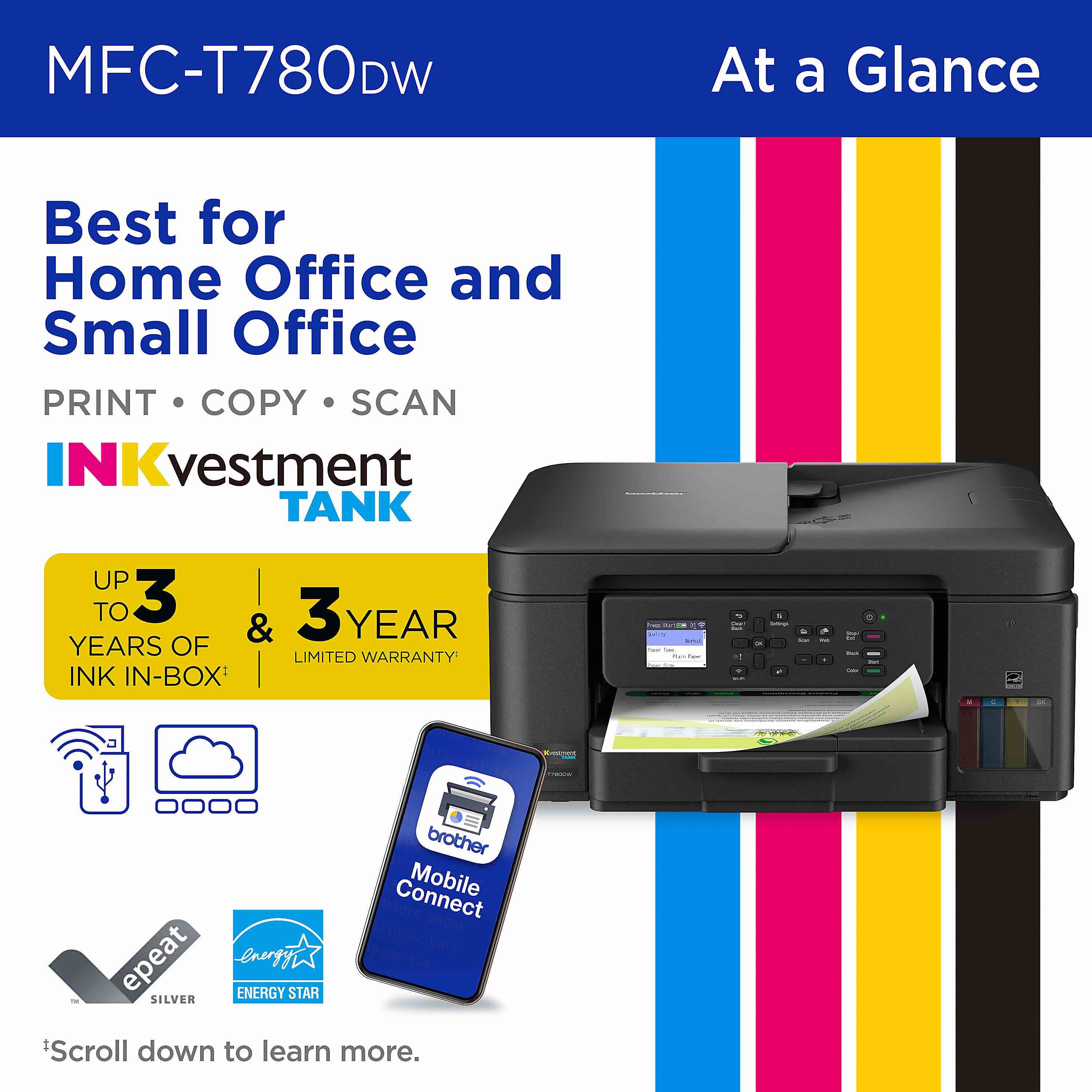 Condition photo showing New/Like New for Brother INKvestment Tank MFC-T780DW Wireless Color All-In-One Supertank Inkjet Printer, MAX PAPER SIZE 8.5" x 14" Legal, Print Copy and Scan, Wireless and USB Connection, Cloud App Connections, Brother Mobile Connect App.