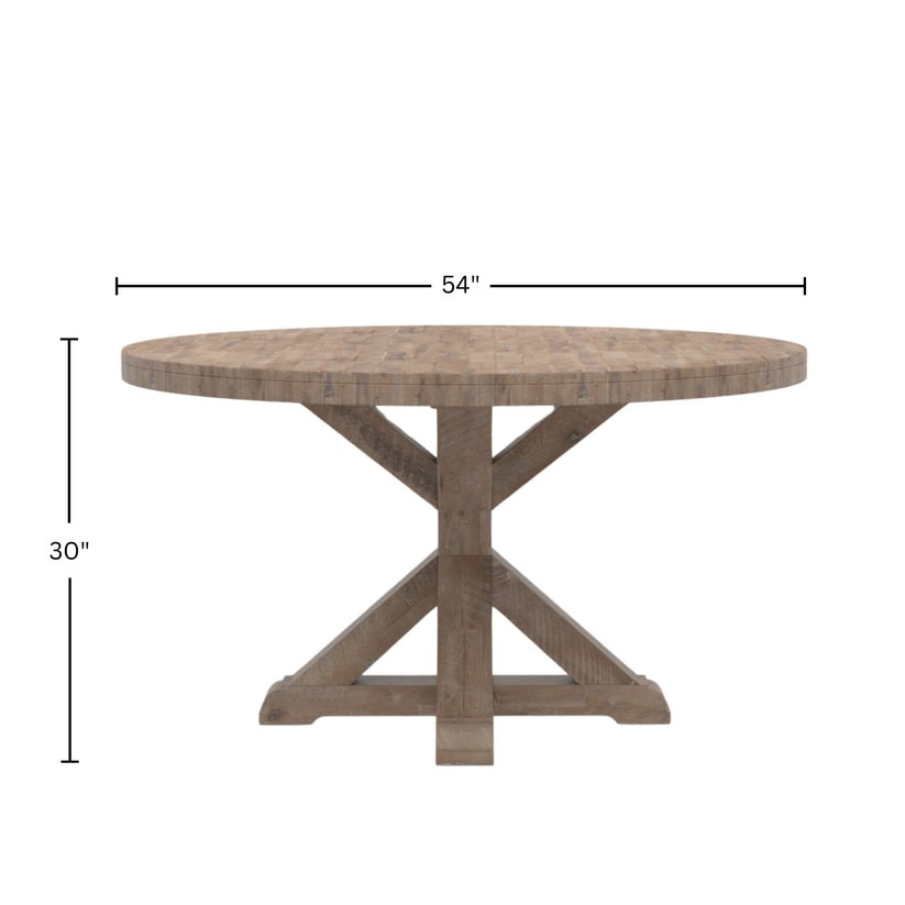 Condition photo showing New/Like New for Newberry Round Dining Table, Weathered Natural Acacia Wood, 54-inch Table Top, Overall Dimensions 54" x 54" x 30"