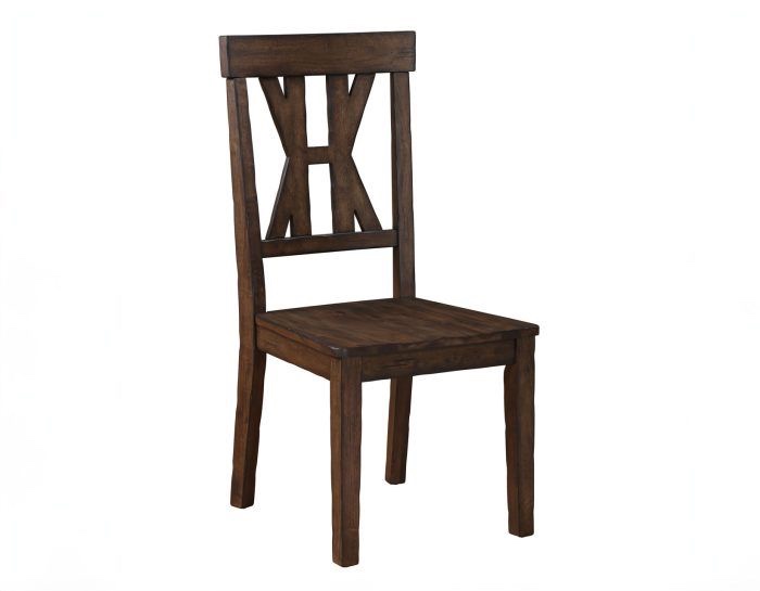 Condition photo showing Good Condition for Steve Silver Auburn Rustic Brown Armless Dining Chairs, Set of 5. Minor chipping along sides, chairs sturdy and in quality condition. 41.5” H x 20” W x 22.5” D