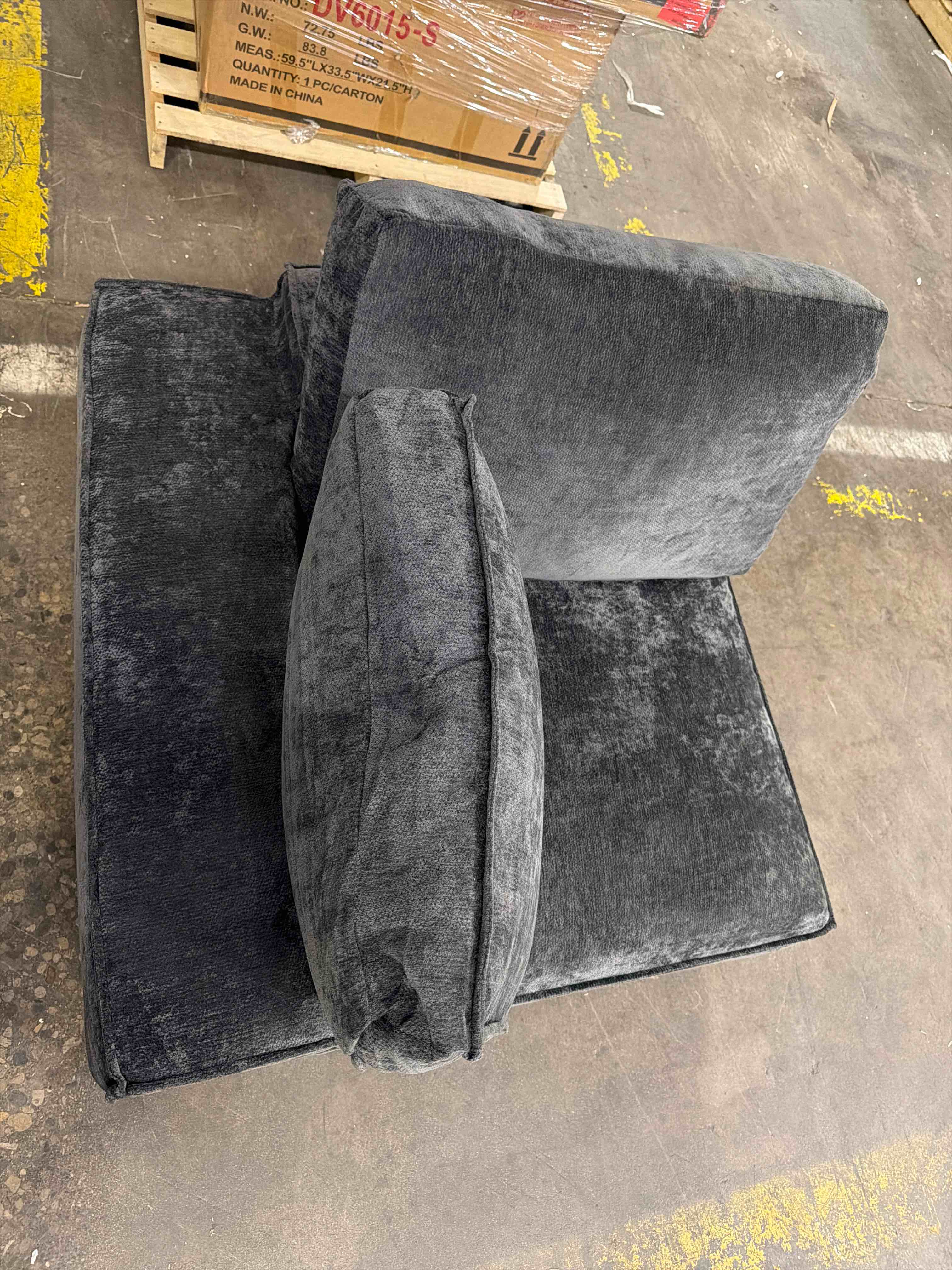 Condition photo showing New/Like New for Grey Chenille Fabric Frameless Corner Sofa Chair with Pillows, 41” W x 39” D x 24” H