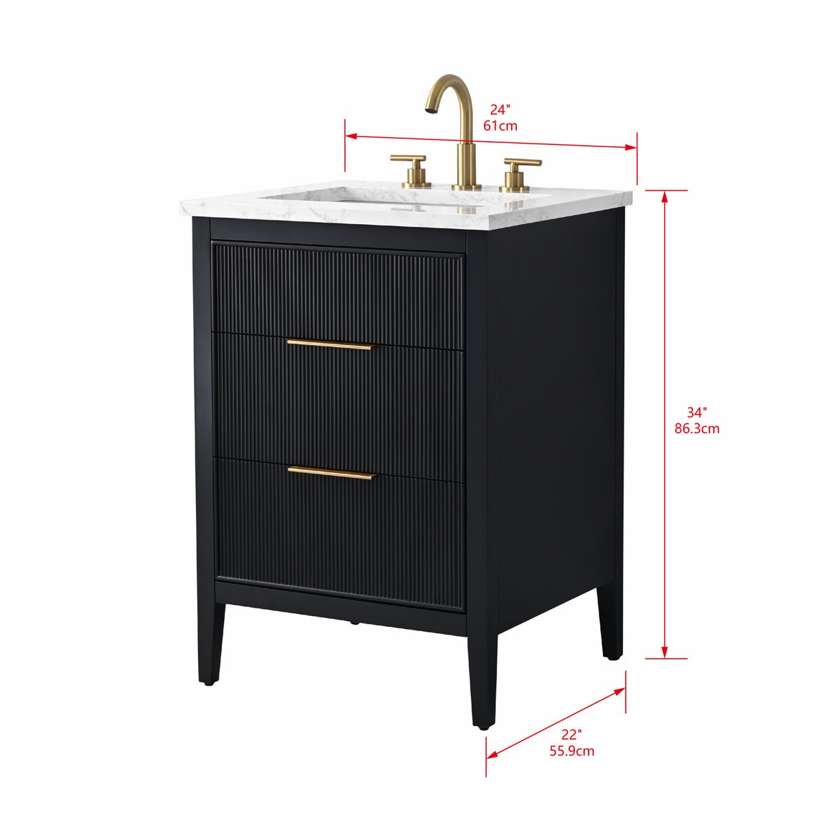Condition photo showing New/Like New for Bilroy 24'' Black Single Bathroom Vanity with Engineered Stone Top, Overall Dimensions 34'' H X 24'' W X 22'' D