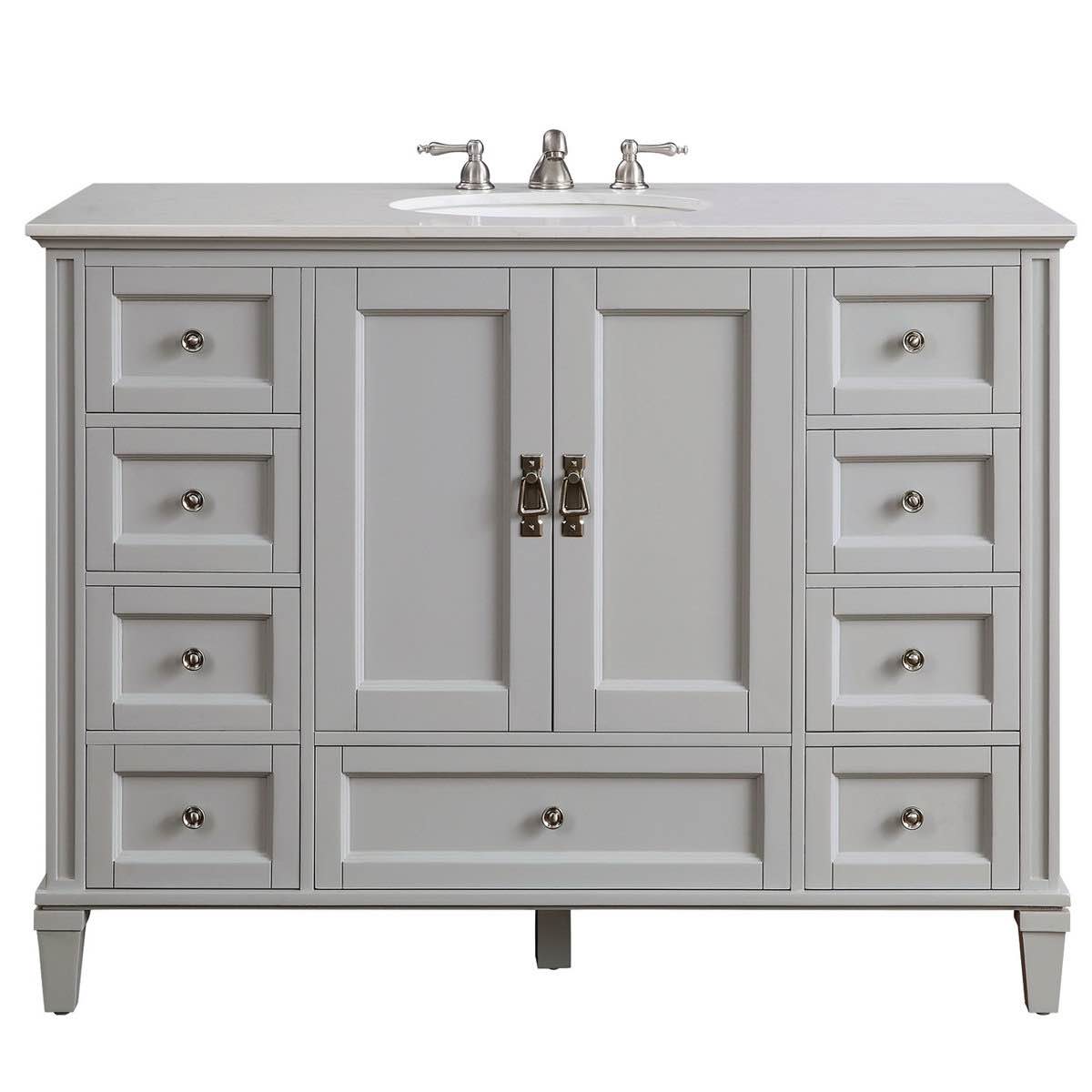 Condition photo showing Good Condition for Aysu 48'' Grey Poplar Wood Single Bathroom Vanity with 9 Drawers, 1 Cabinet with Optional Adjustable Shelf, Silver Handles, and White/Beige Marble Top. Small chips along top, otherwise brand new. 