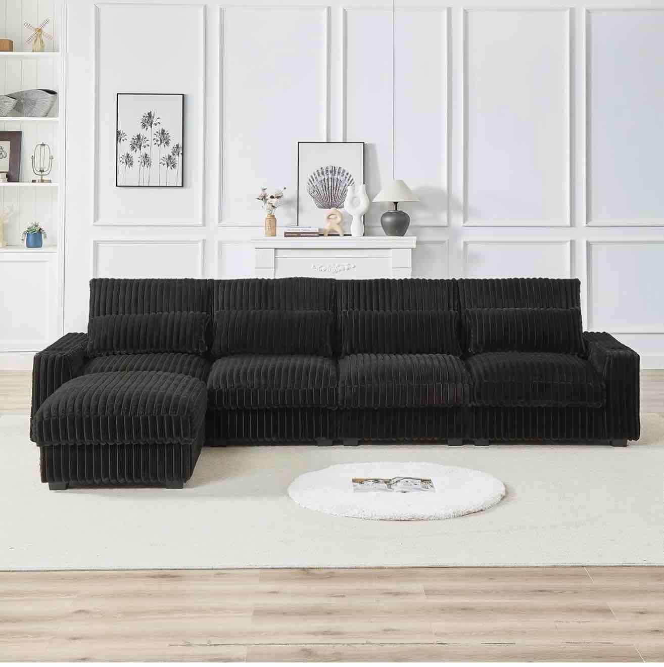 Eafurn L Shaped 126” Black Modular Sectional Sofa Couch with Movable Ottoman, 6 Seater Oversized, Corduroy Upholstered, Cupholders, USB and Type C Ports, Plastic on Some of the Legs Have Slight Cracking, Dimensions 65"D x 126"W x 32"H